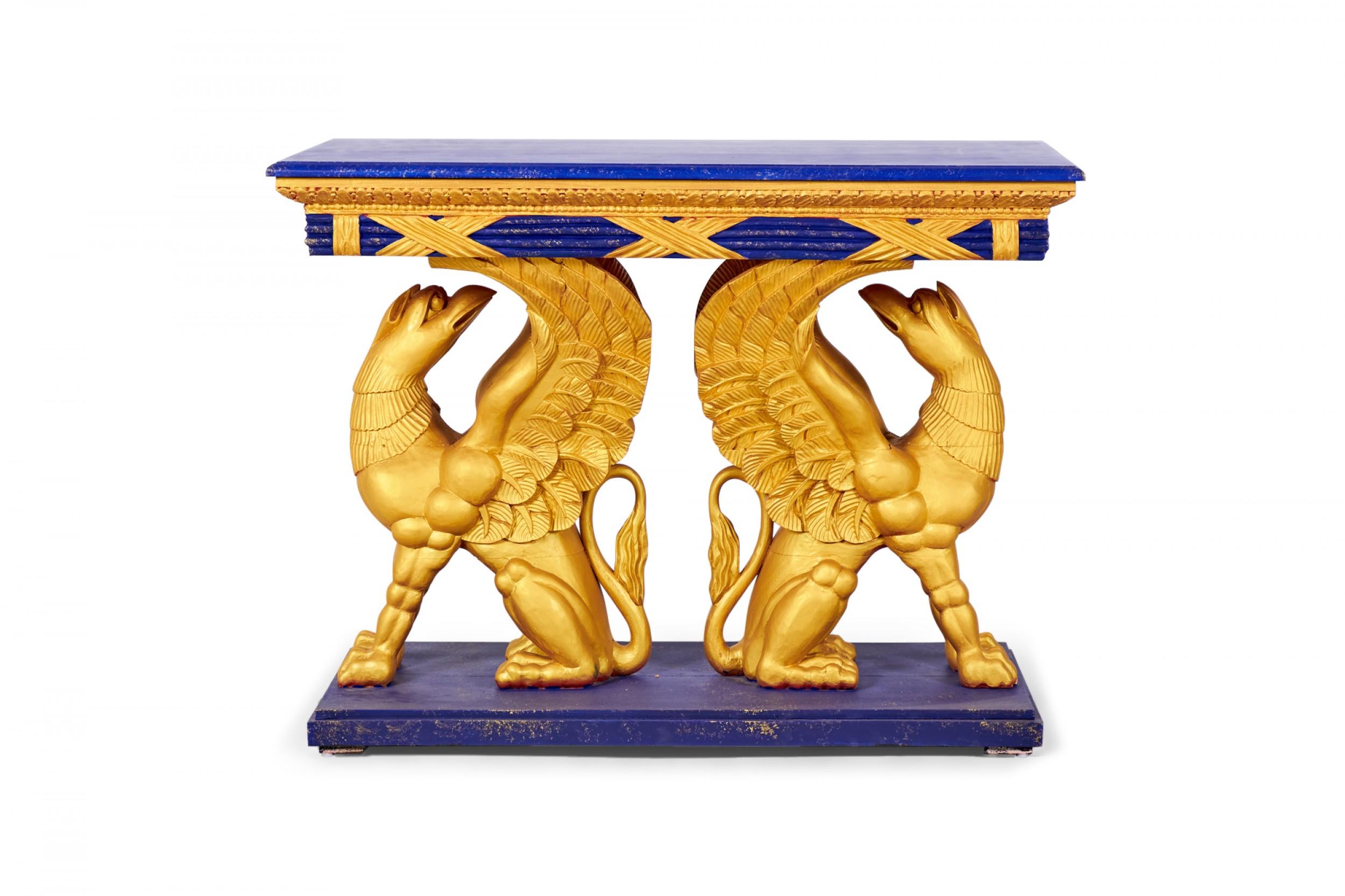 British Pair of English Regency Style Gilt Eagle Base and Faux Blue Stone Console Tables For Sale