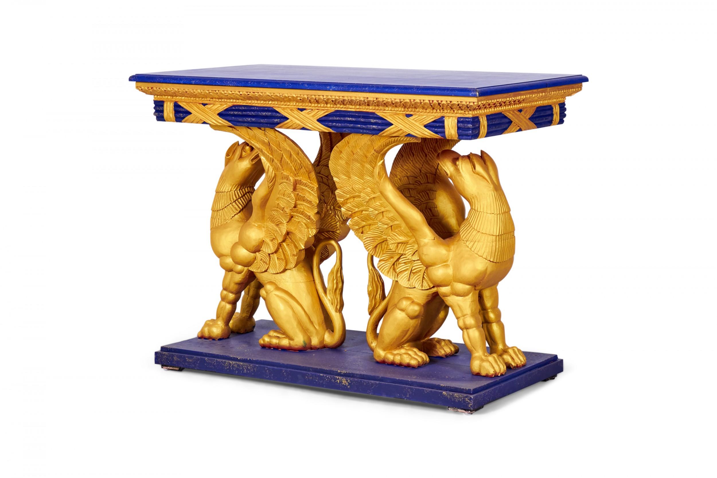 20th Century Pair of English Regency Style Gilt Eagle Base and Faux Blue Stone Console Tables For Sale