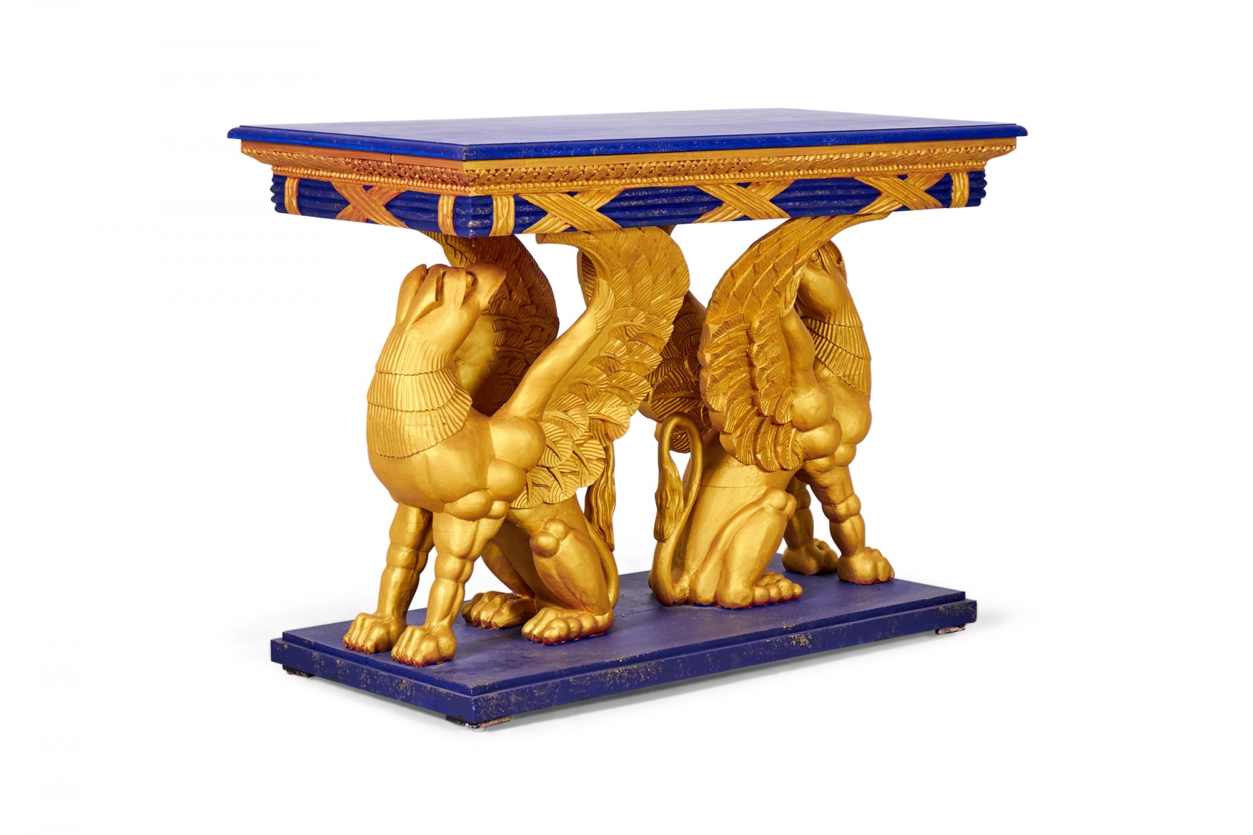 Wood Pair of English Regency Style Gilt Eagle Base and Faux Blue Stone Console Tables For Sale