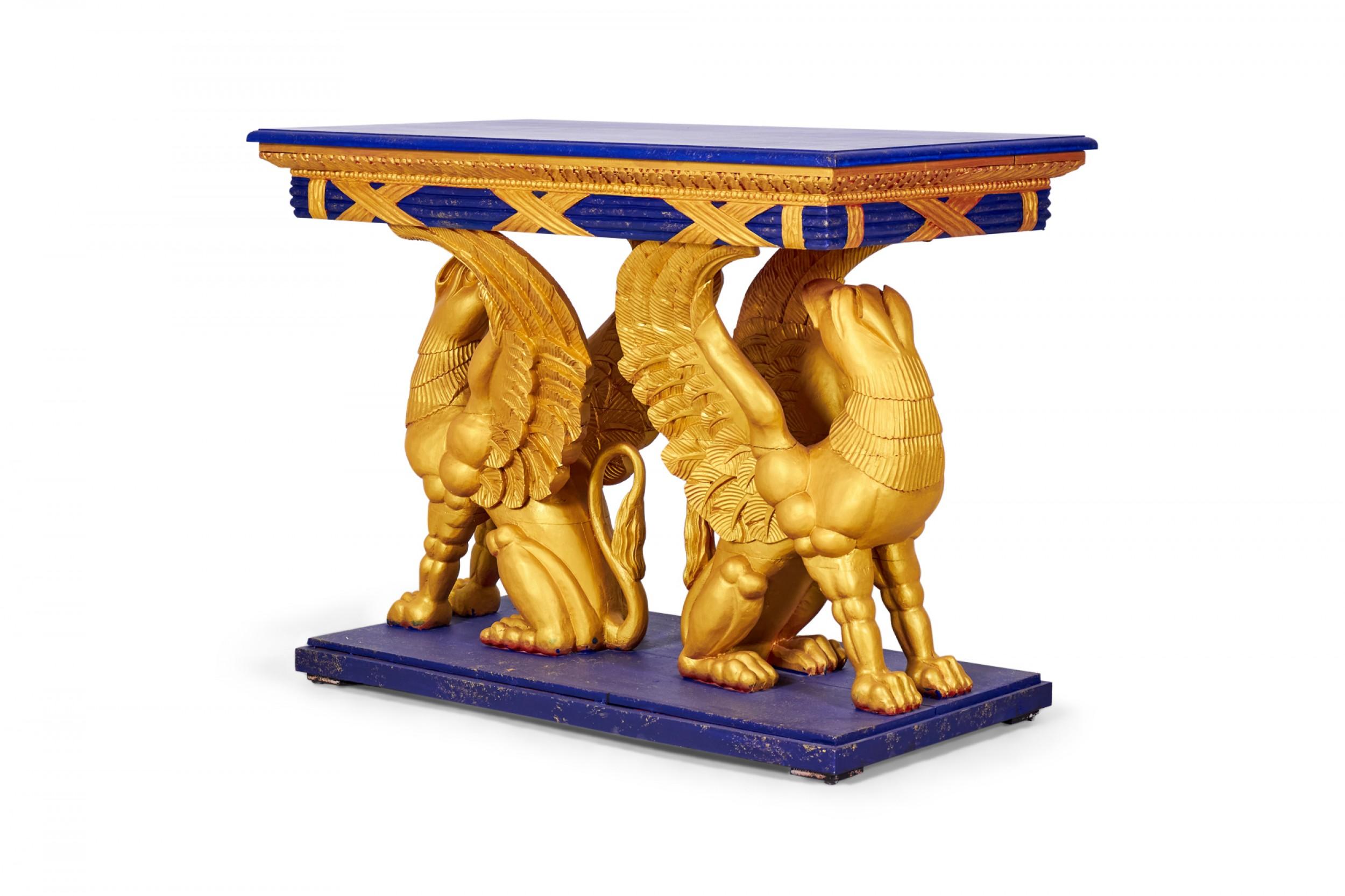 Pair of English Regency Style Gilt Eagle Base and Faux Blue Stone Console Tables For Sale 2