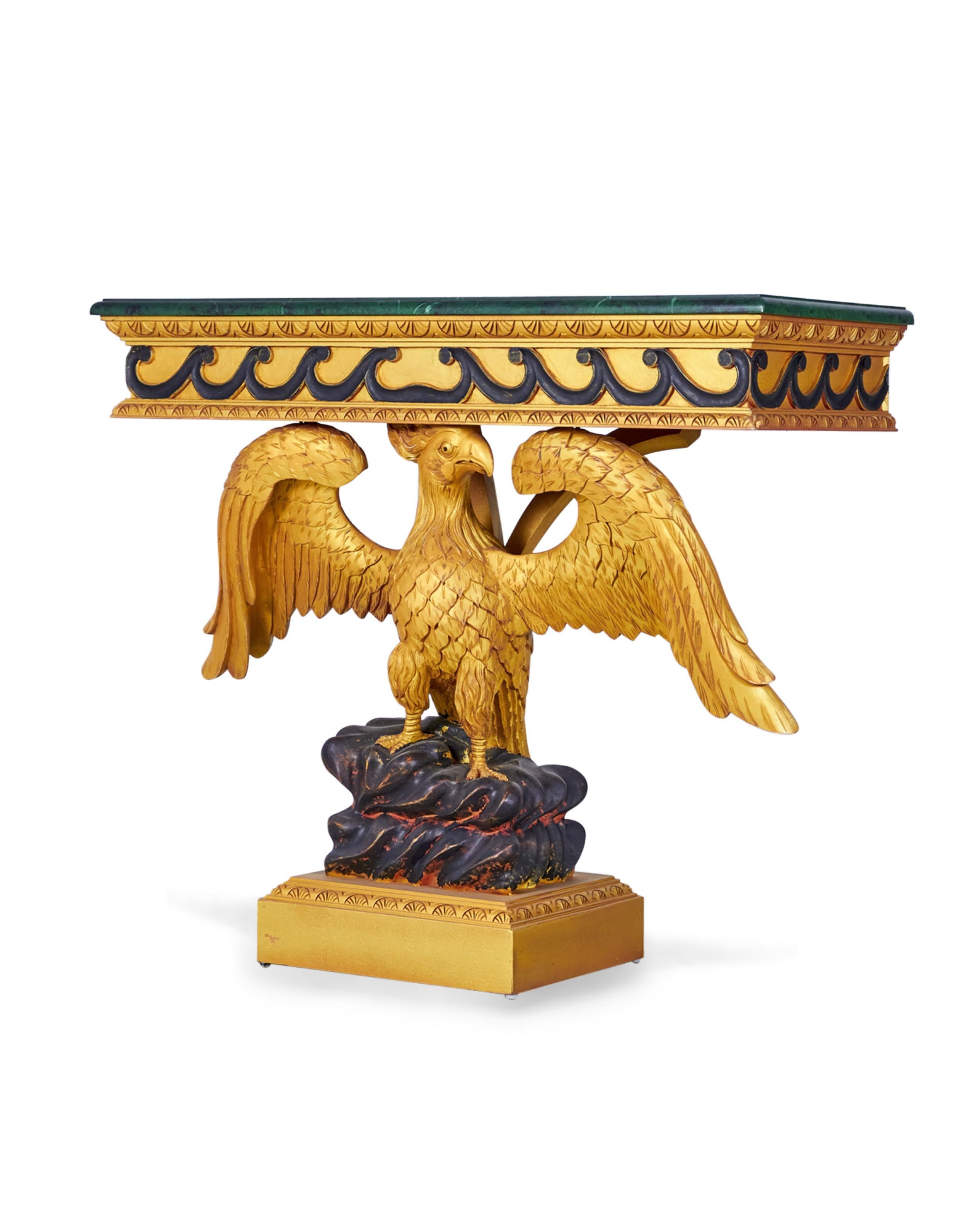 Pair of English Regency Style Gilt Eagle Base and Faux Marble Console Tables For Sale 5