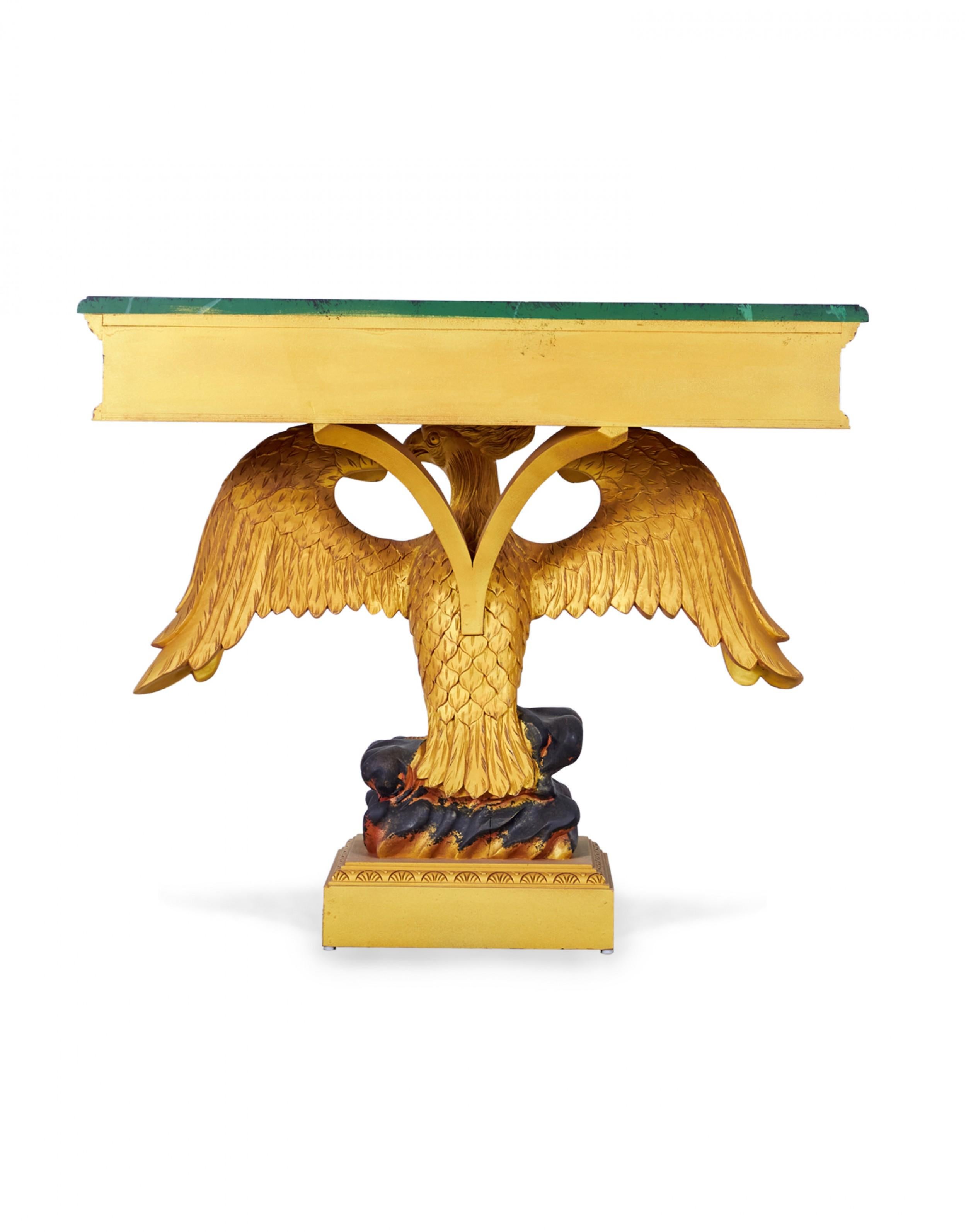 British Pair of English Regency Style Gilt Eagle Base and Faux Marble Console Tables For Sale