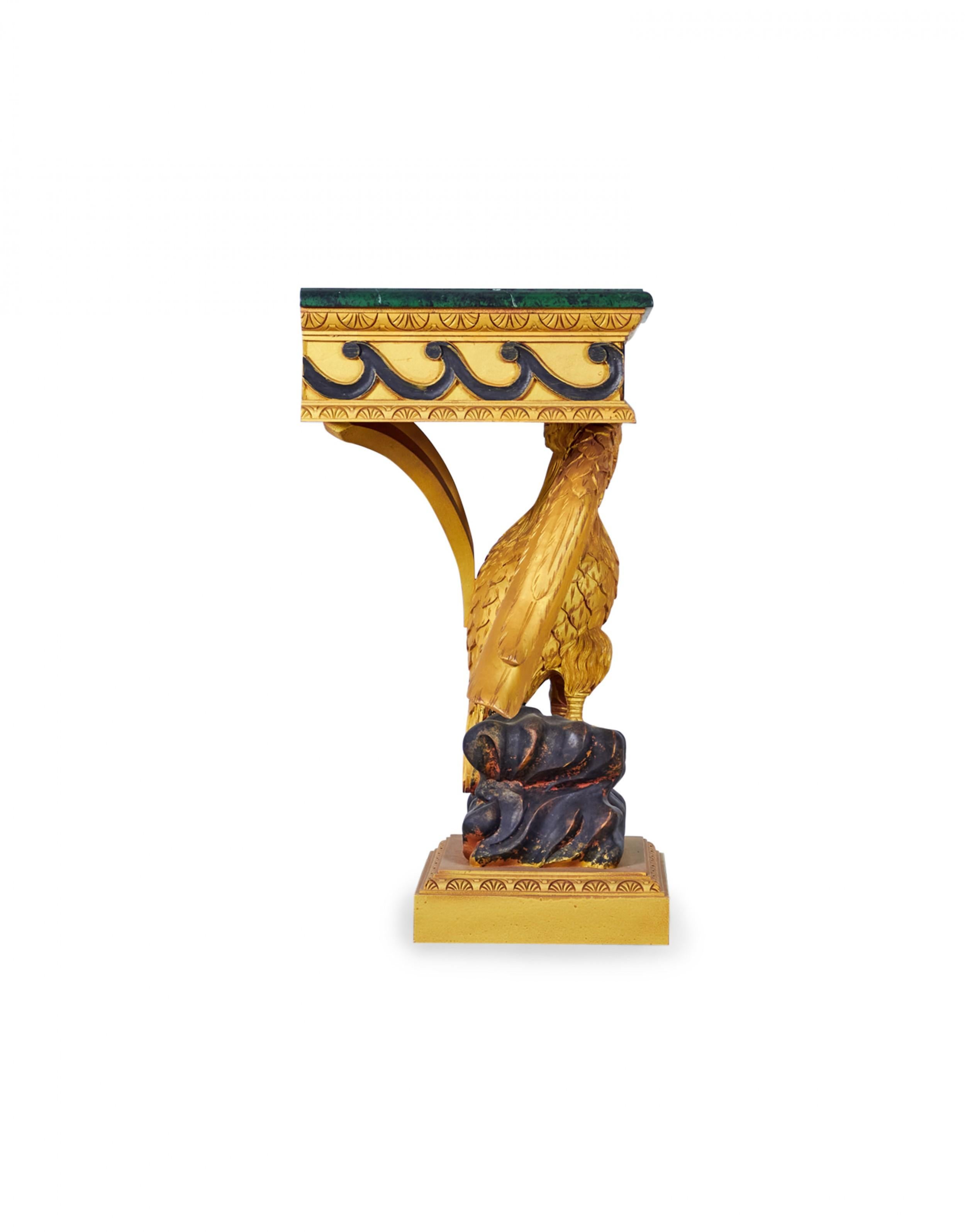 Pair of English Regency Style Gilt Eagle Base and Faux Marble Console Tables In Good Condition For Sale In Queens, NY
