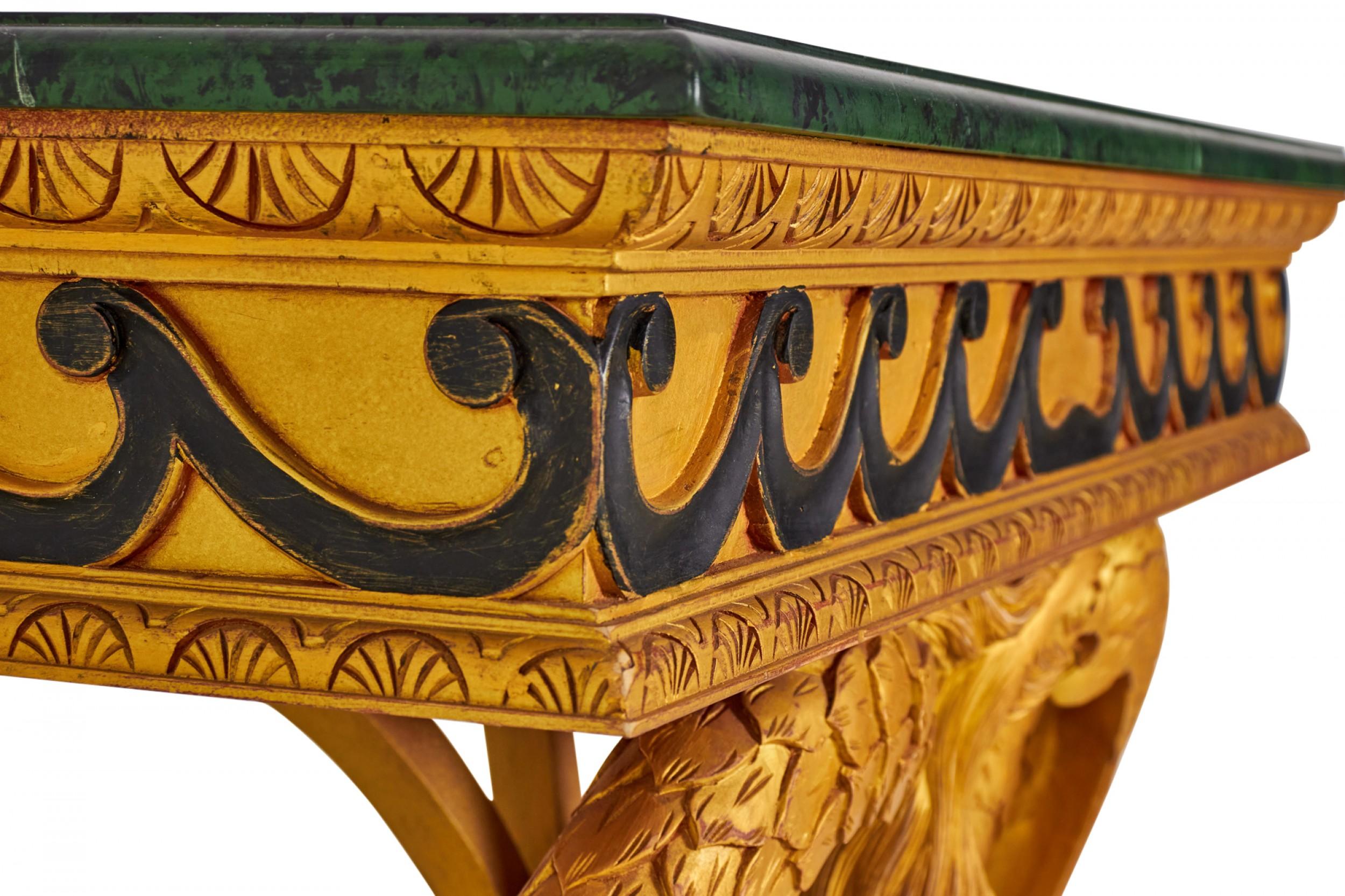 Brass Pair of English Regency Style Gilt Eagle Base and Faux Marble Console Tables For Sale