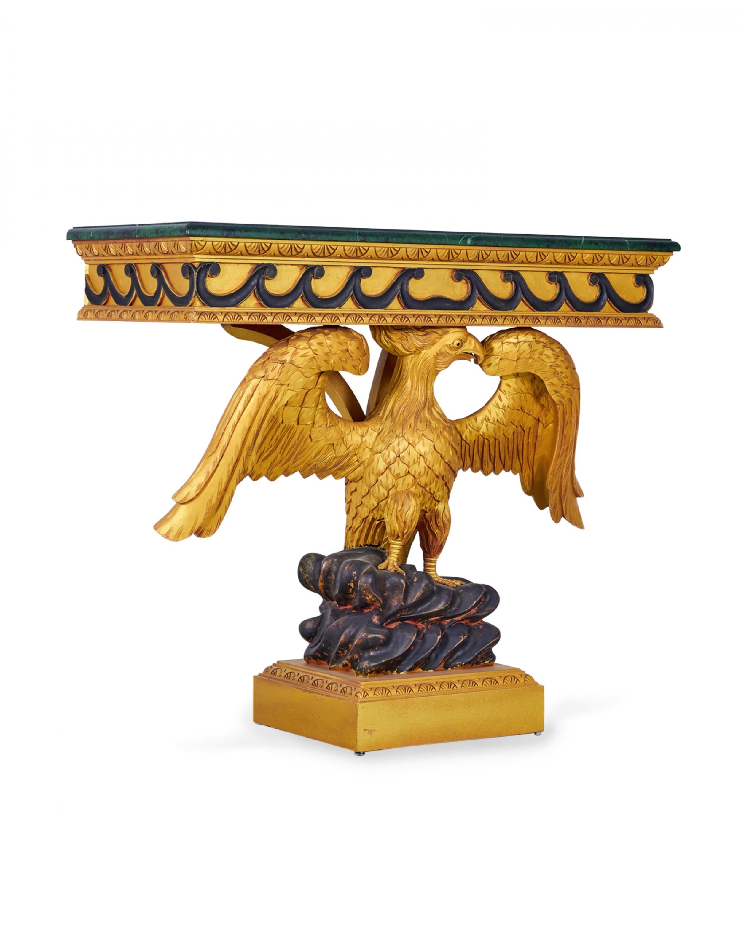 Pair of English Regency Style Gilt Eagle Base and Faux Marble Console Tables For Sale 1