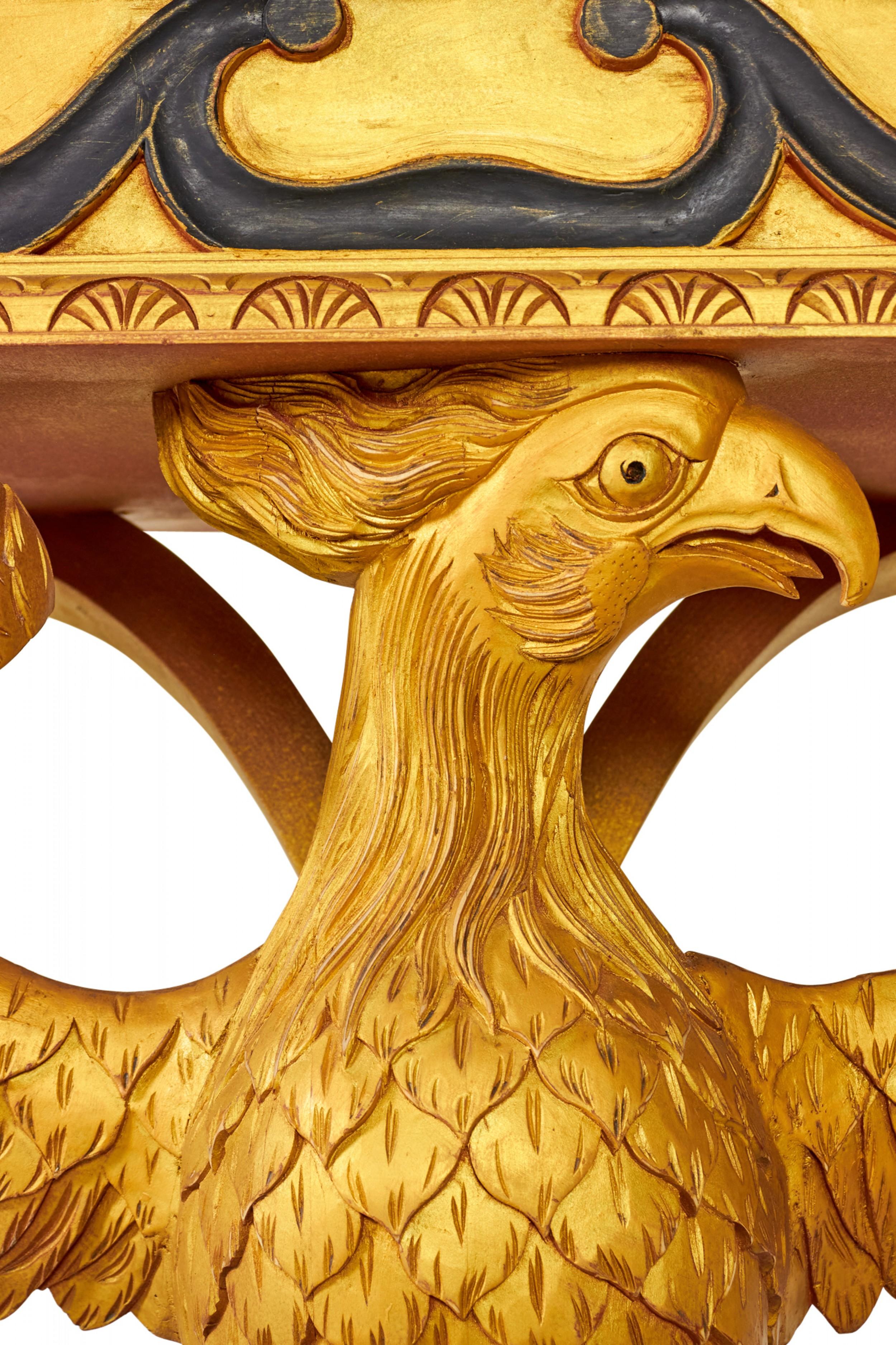 Pair of English Regency Style Gilt Eagle Base and Faux Marble Console Tables For Sale 2