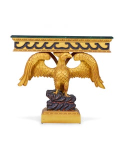 Pair of English Regency Style Gilt Eagle Base and Faux Marble Console Tables