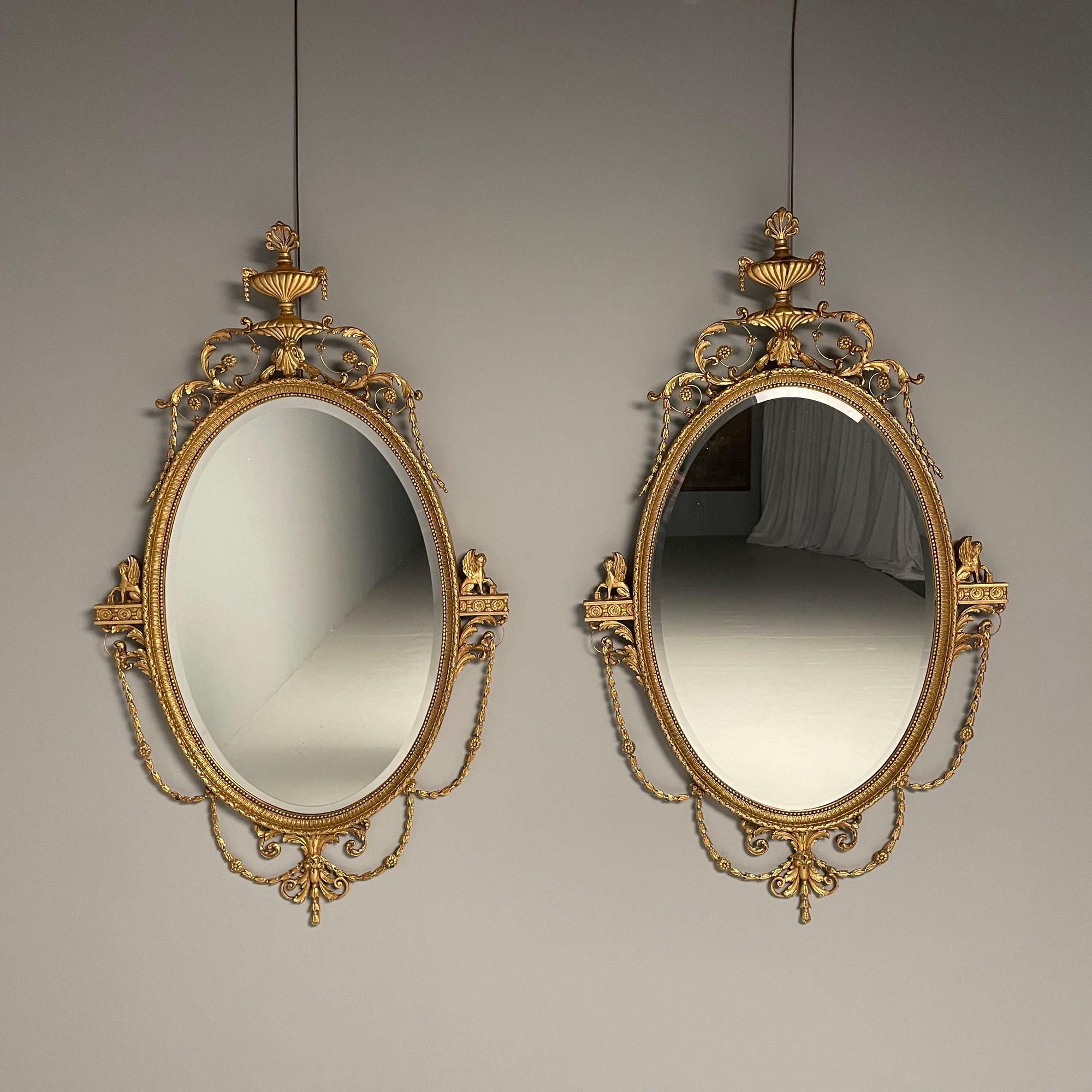 Adam Style Friedman Brothers, English Regency Style, Oval Wall Mirrors, Giltwood, Gesso For Sale