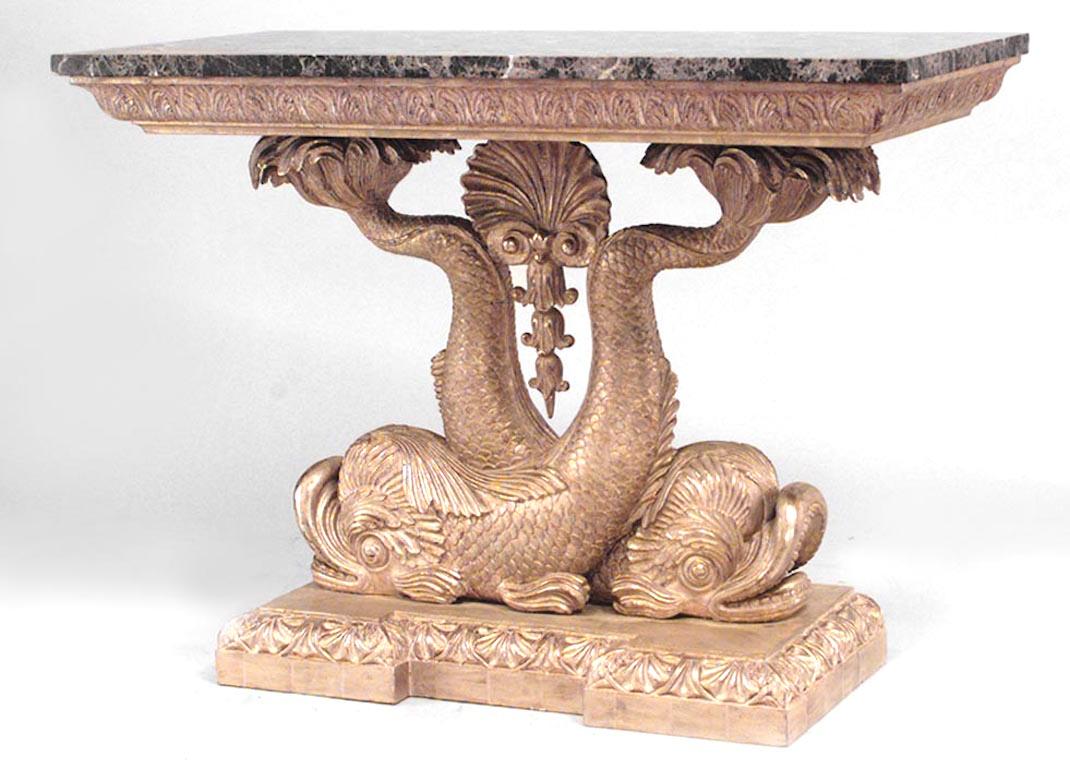 British Pair of English Regency Style Giltwood Console Tables