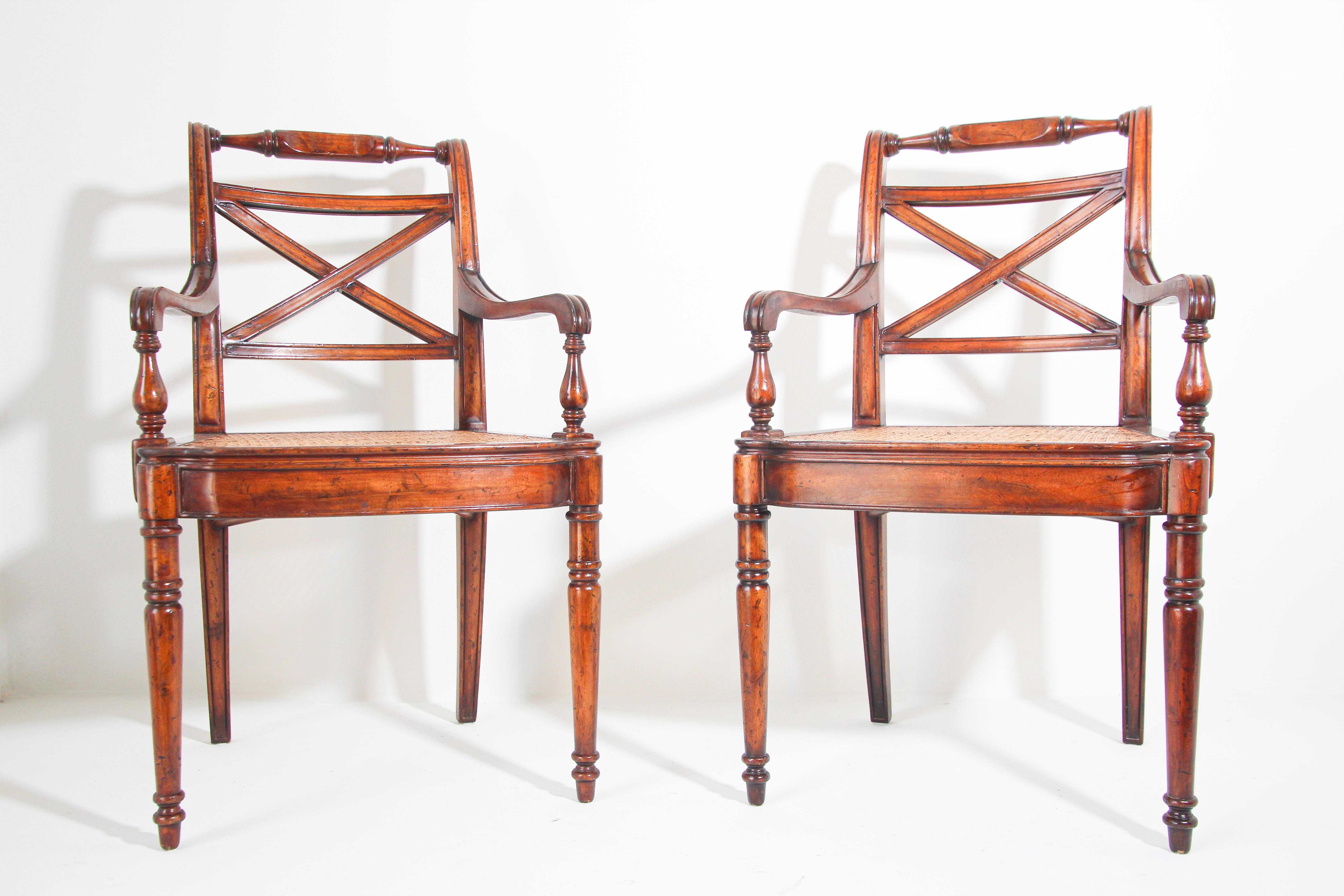 Anglo-Indian Pair of English Regency Style Library Cane Armchairs