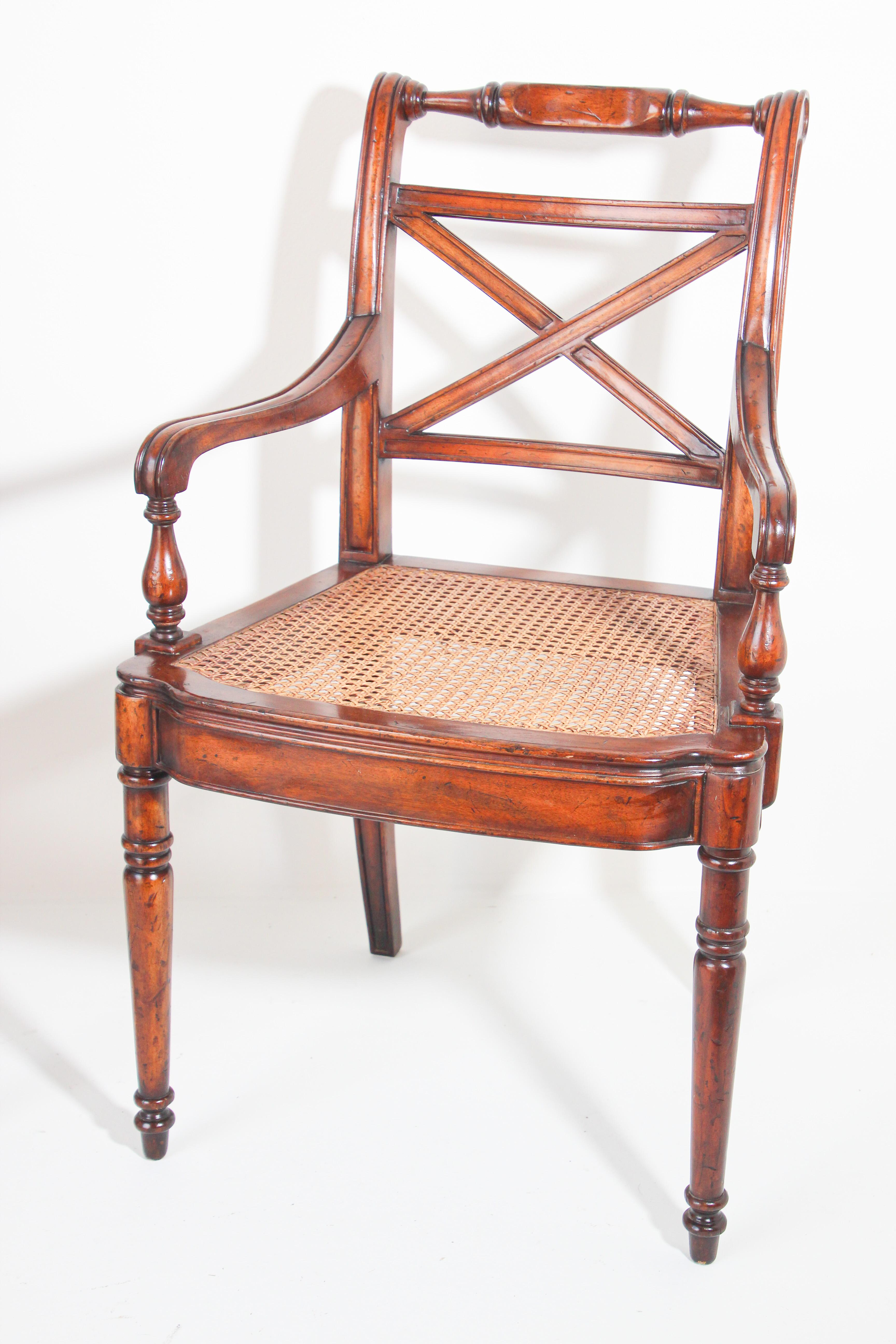 Hand-Carved Pair of English Regency Style Library Cane Armchairs