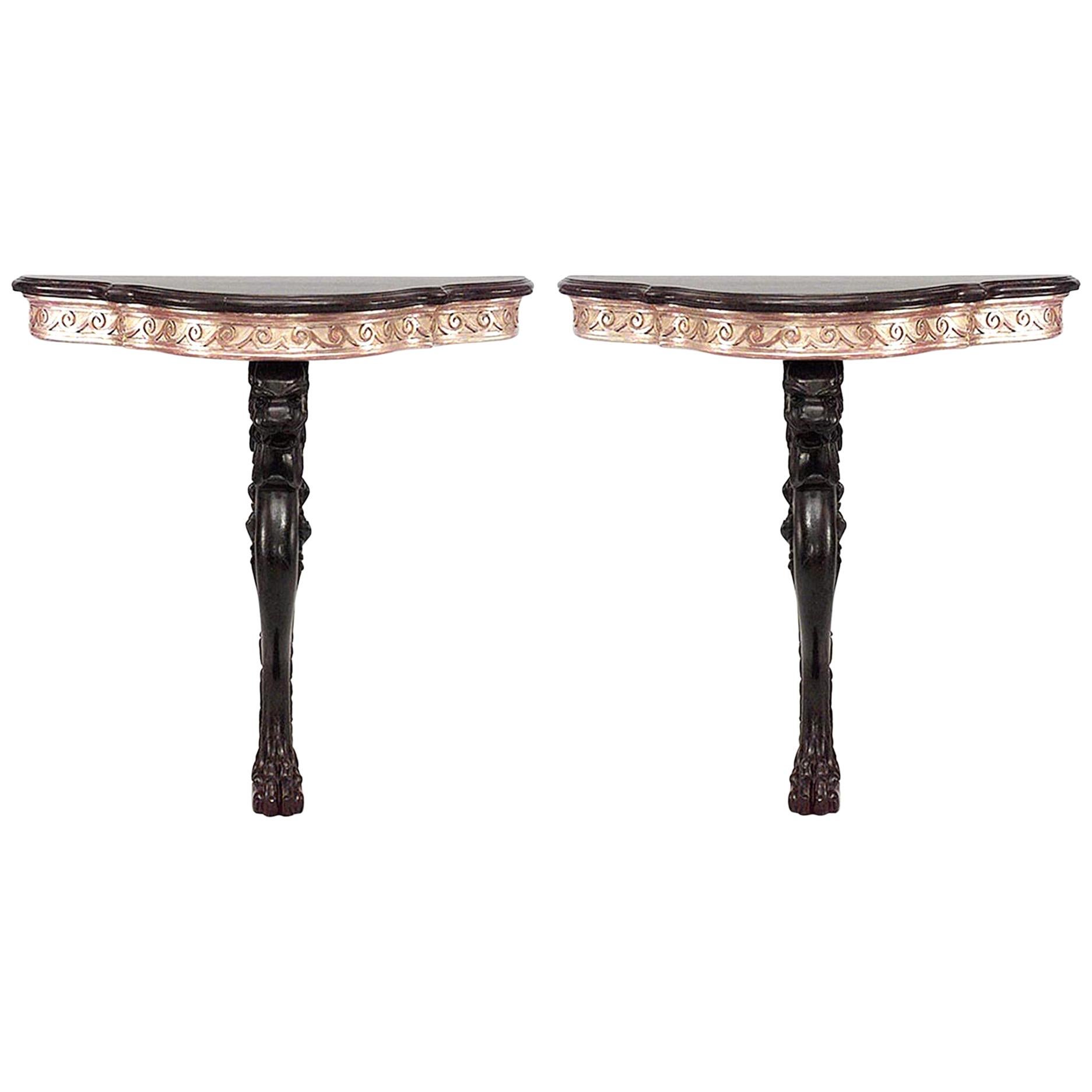 Pair of English Regency Style Lion Leg Bracket Console Table For Sale
