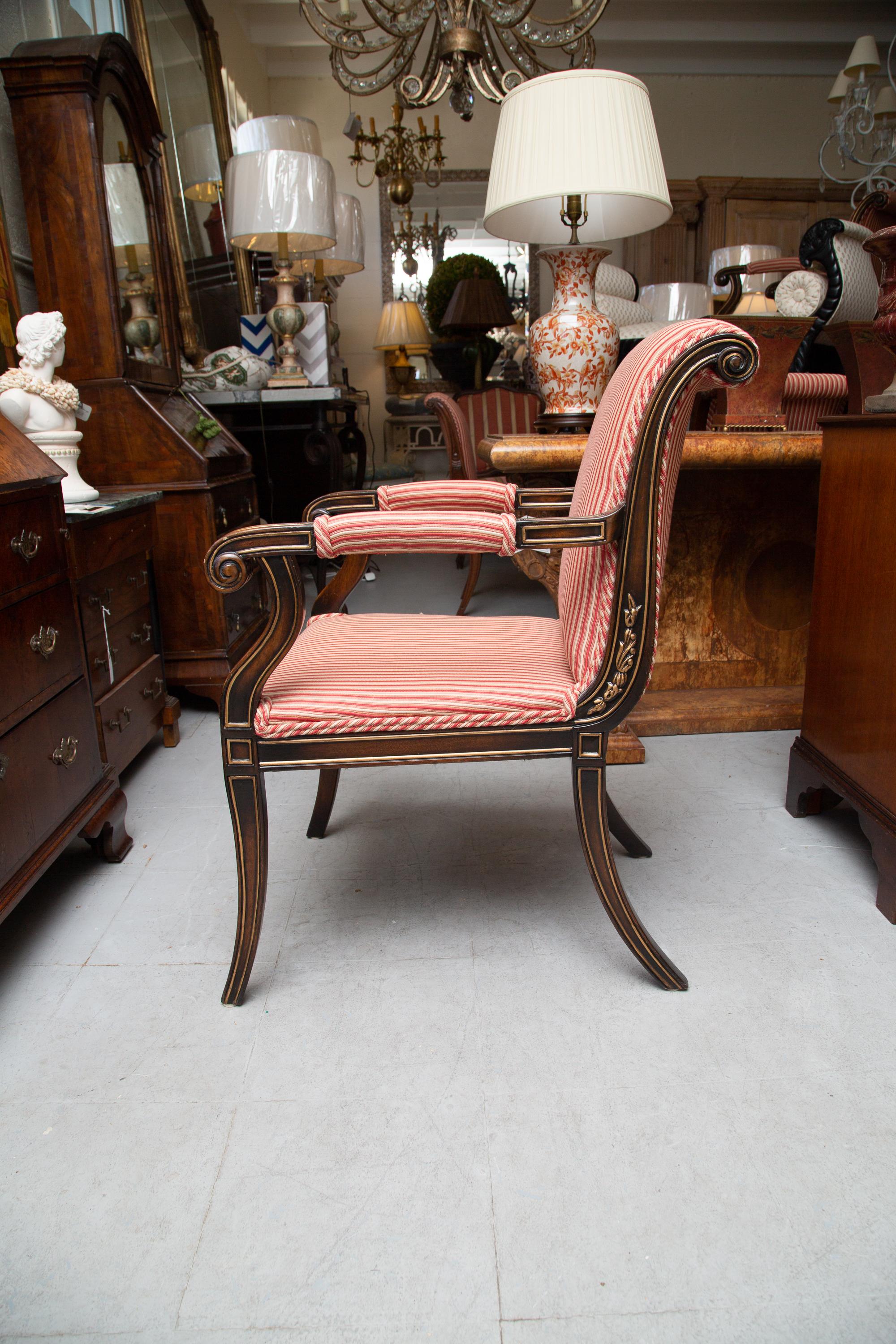 Woodwork Pair of English Regency Style Mahogany and Parcel Gilt Klismos Armchairs For Sale