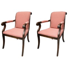 Vintage Pair of English Regency Style Mahogany and Parcel Gilt Klismos Armchairs