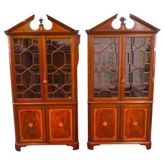 Pair of English Regency Style Mahogany Inlaid Corner Cabinets