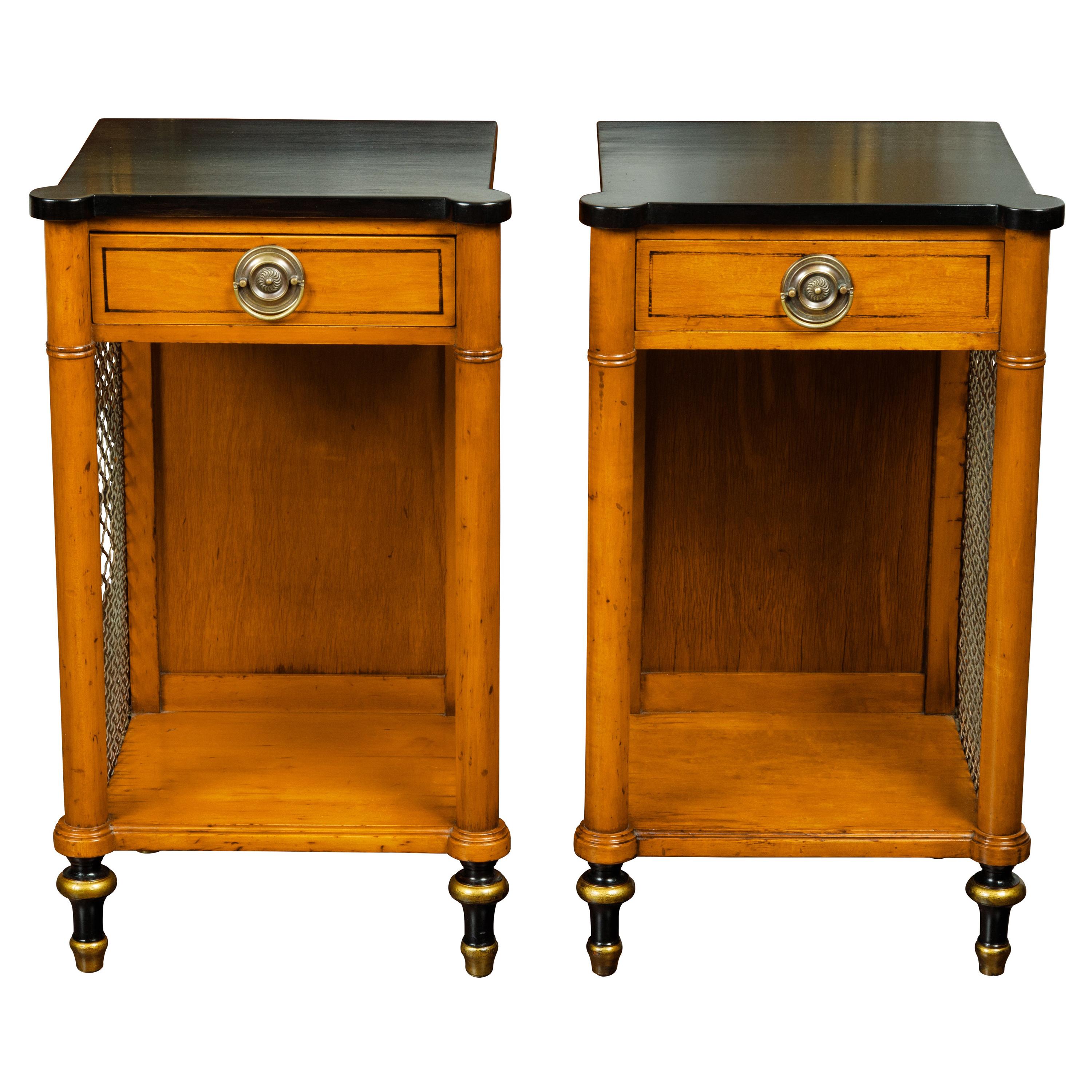 Pair of English Regency Style Midcentury Walnut End Tables with Ebonized Tops