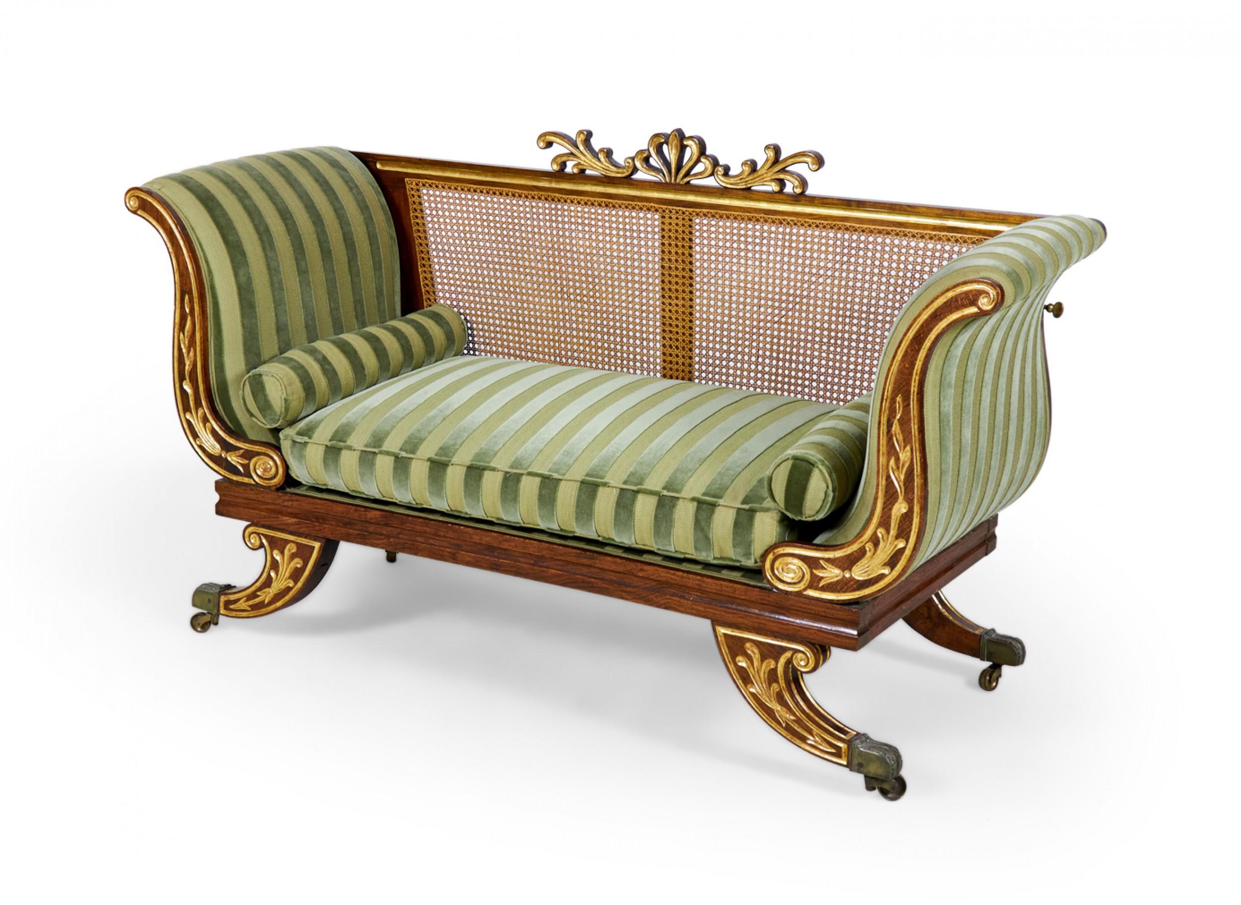 Pair of English Regency Style Parcel Gilt Caned Back Settees In Good Condition For Sale In New York, NY
