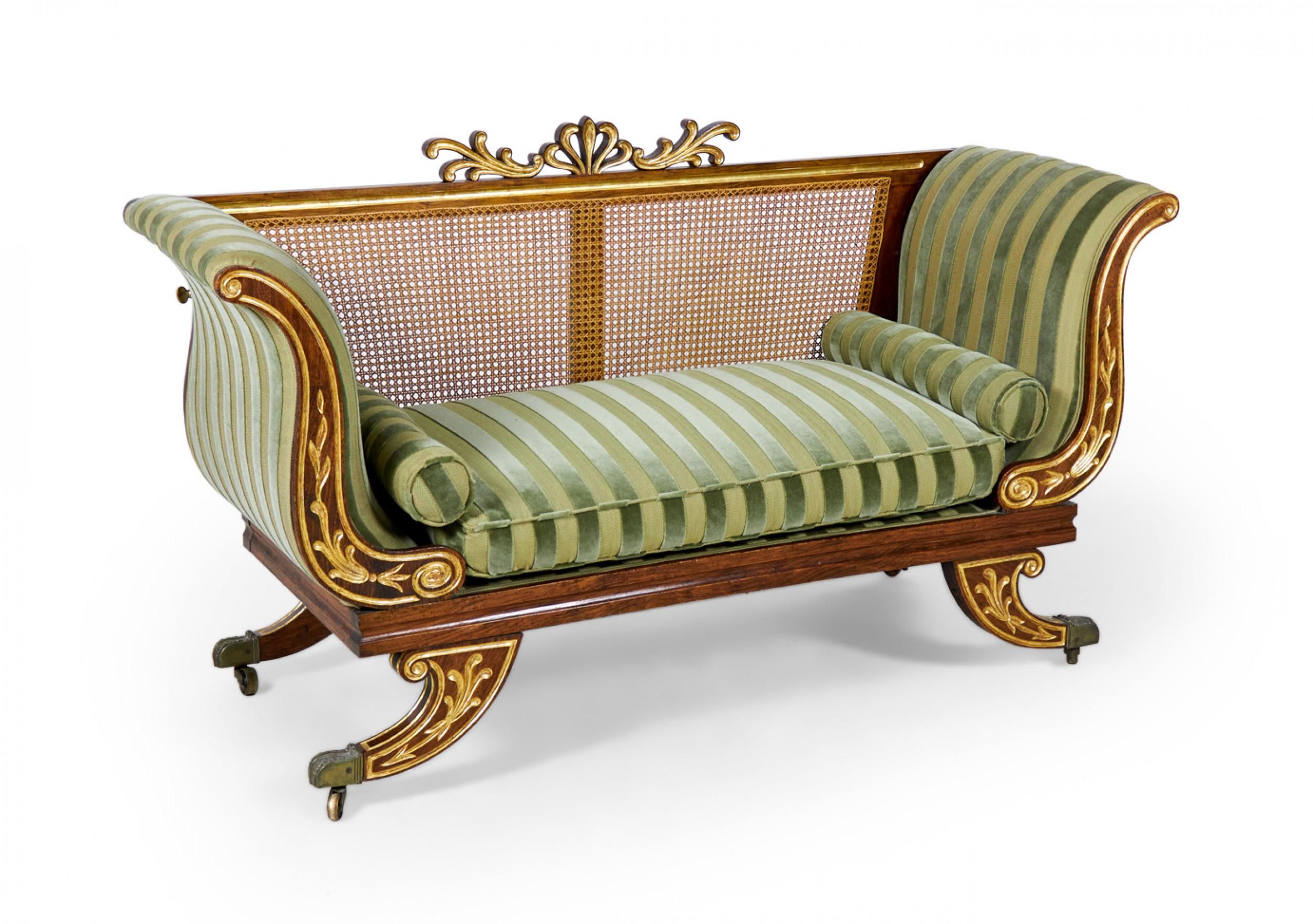 Pair of English Regency Style Parcel Gilt Caned Back Settees For Sale 4