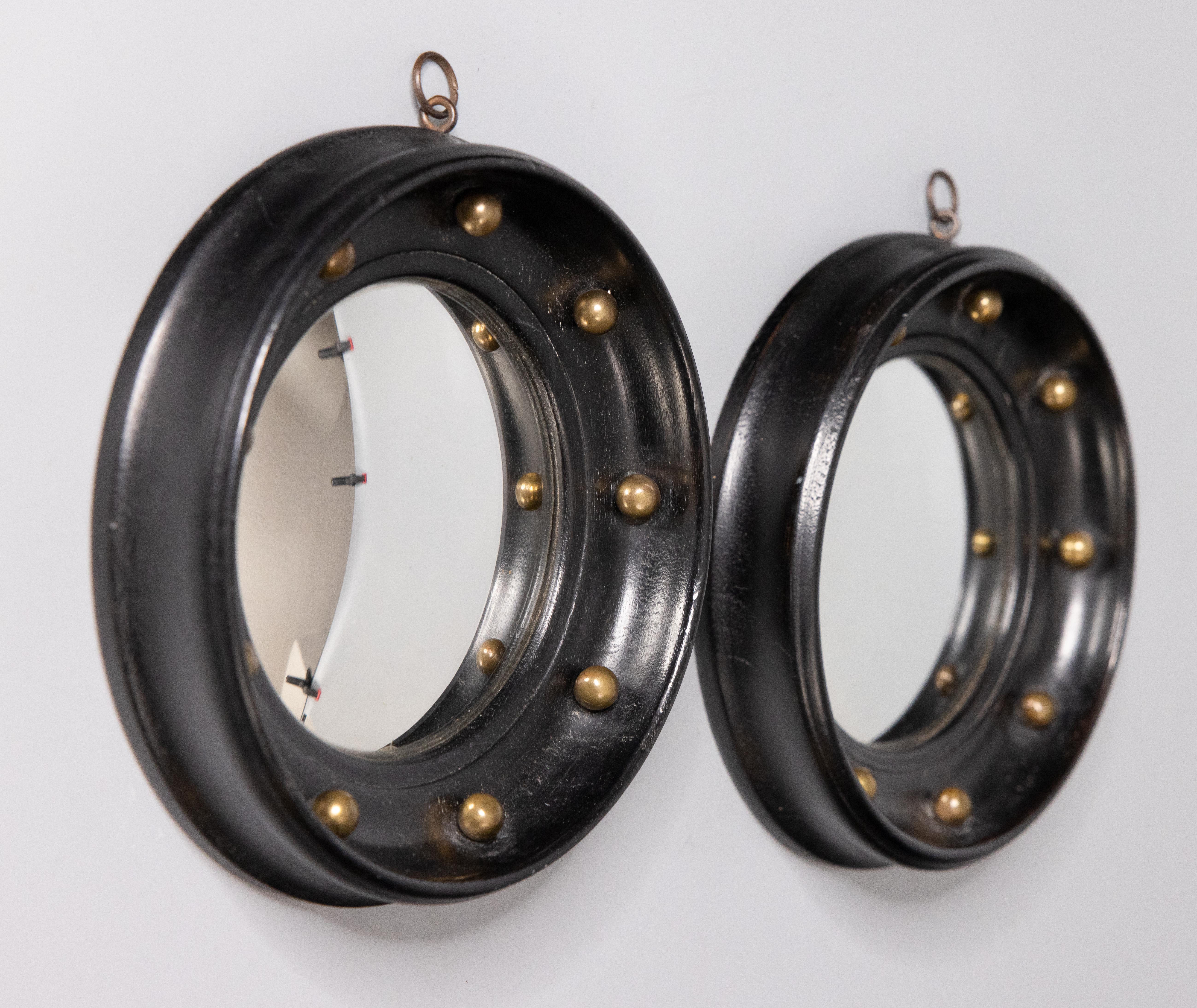 Pair of English Regency Style Petite Ebonized Bullseye Convex Mirrors circa 1910 1