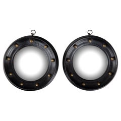 Pair of English Regency Style Petite Ebonized Bullseye Convex Mirrors circa 1910