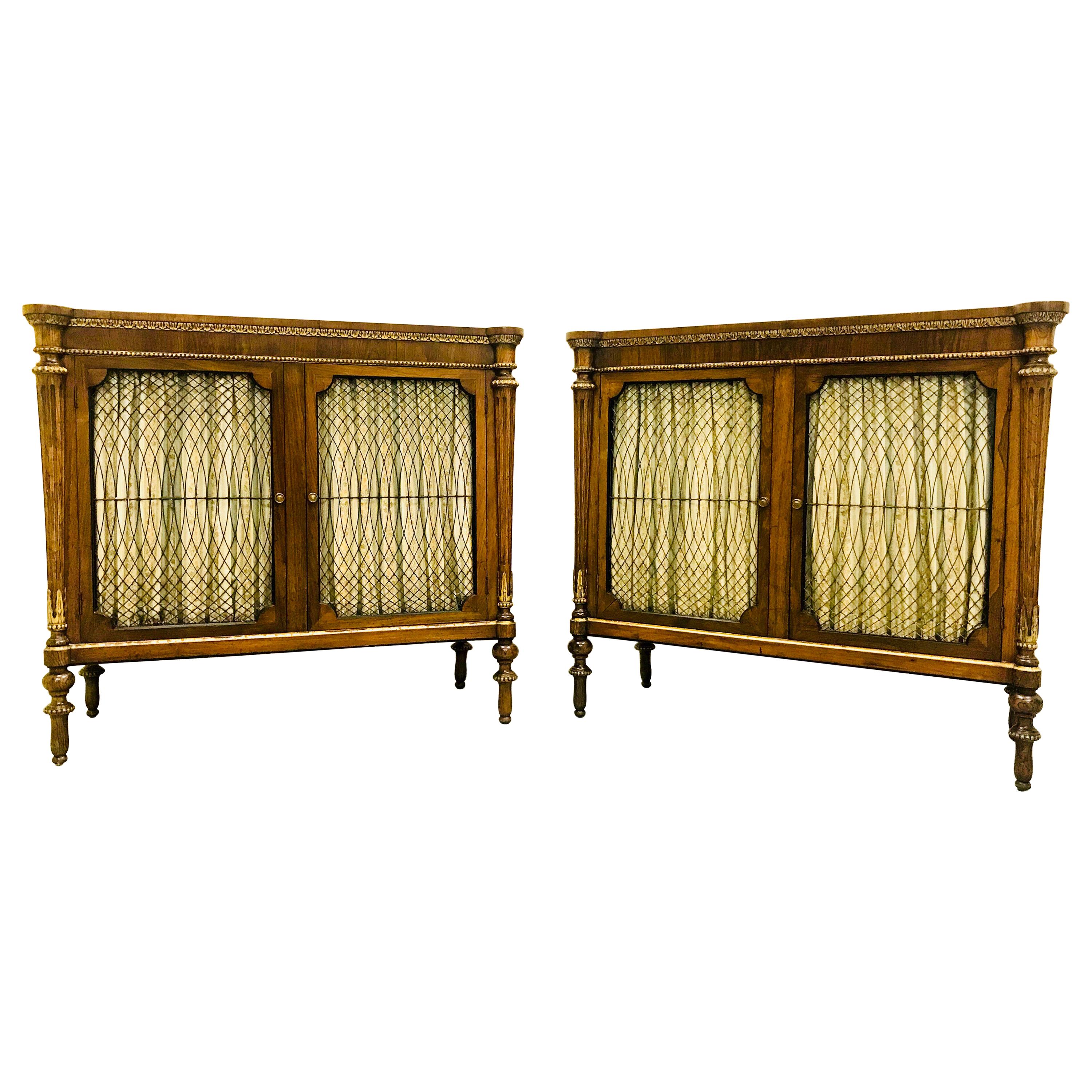 Pair of English Regency Style Rosewood and Parcel-Gilt Cabinets For Sale