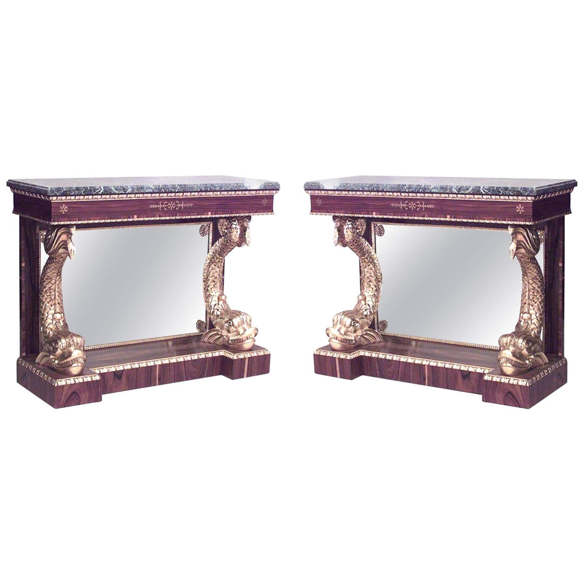 Pair of English Regency Rosewood Gilt Dolphin Console Tables For Sale