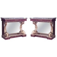 Antique Pair of English Regency Rosewood Gilt Dolphin Console Tables