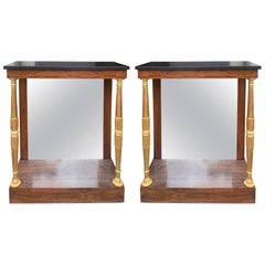 Pair of English Regency Style Rosewood Mirrored Consoles, Black Marble Tops