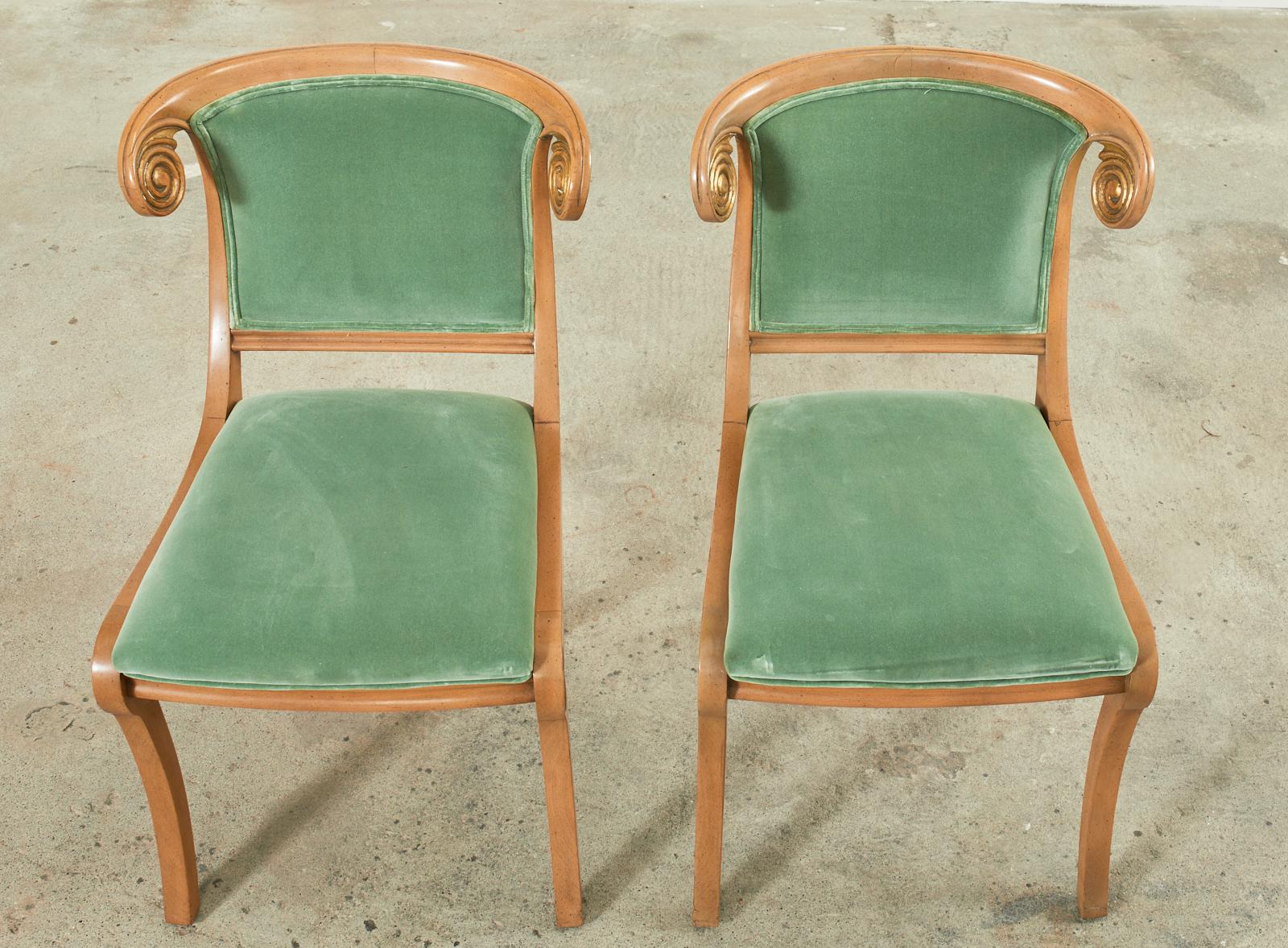 Hand-Crafted Pair of English Regency Style Sage Velvet Dining Chairs