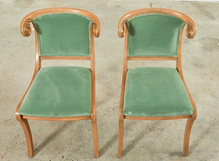 Pair of English Regency Style Sage Velvet Dining Chairs For Sale at 1stDibs