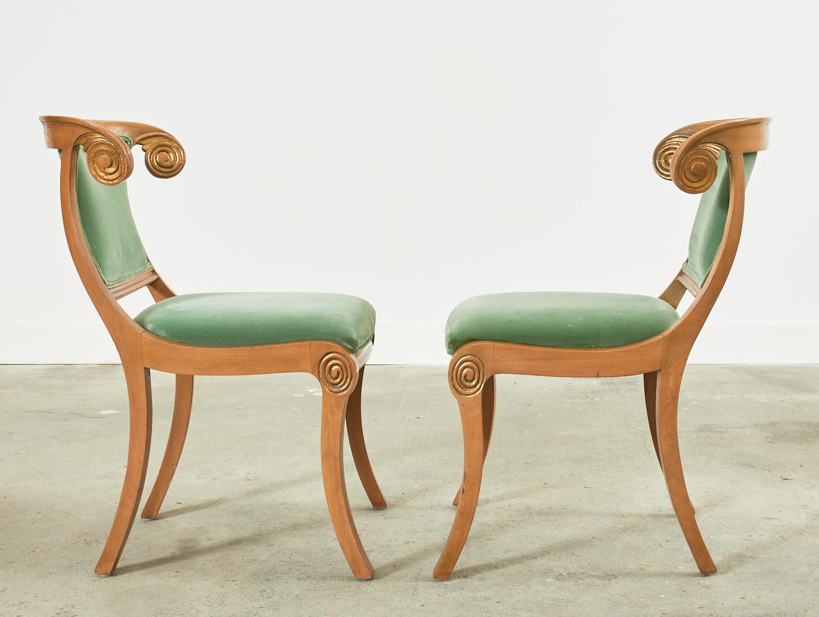 Pair of English Regency Style Sage Velvet Dining Chairs In Good Condition In Rio Vista, CA