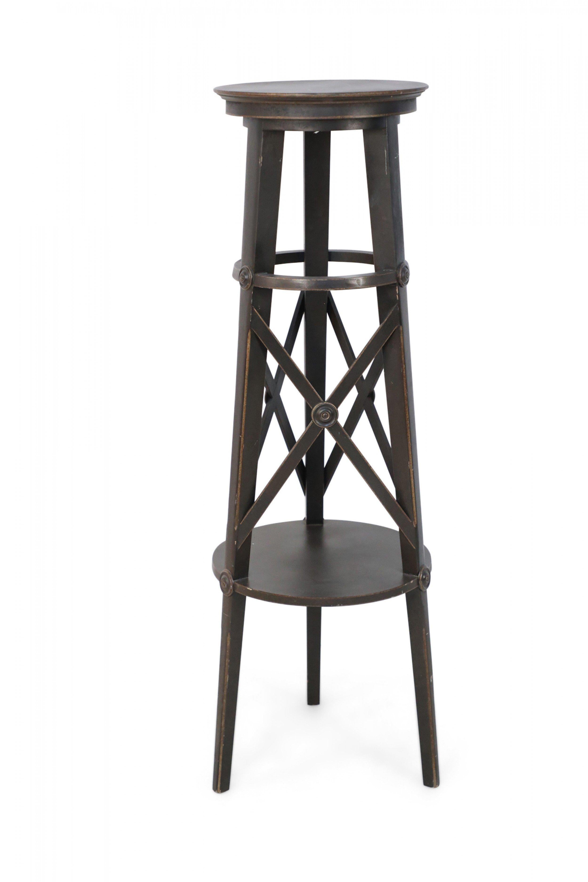 Carved Pair of English Regency Style Tall Circular X-Support Pedestals For Sale