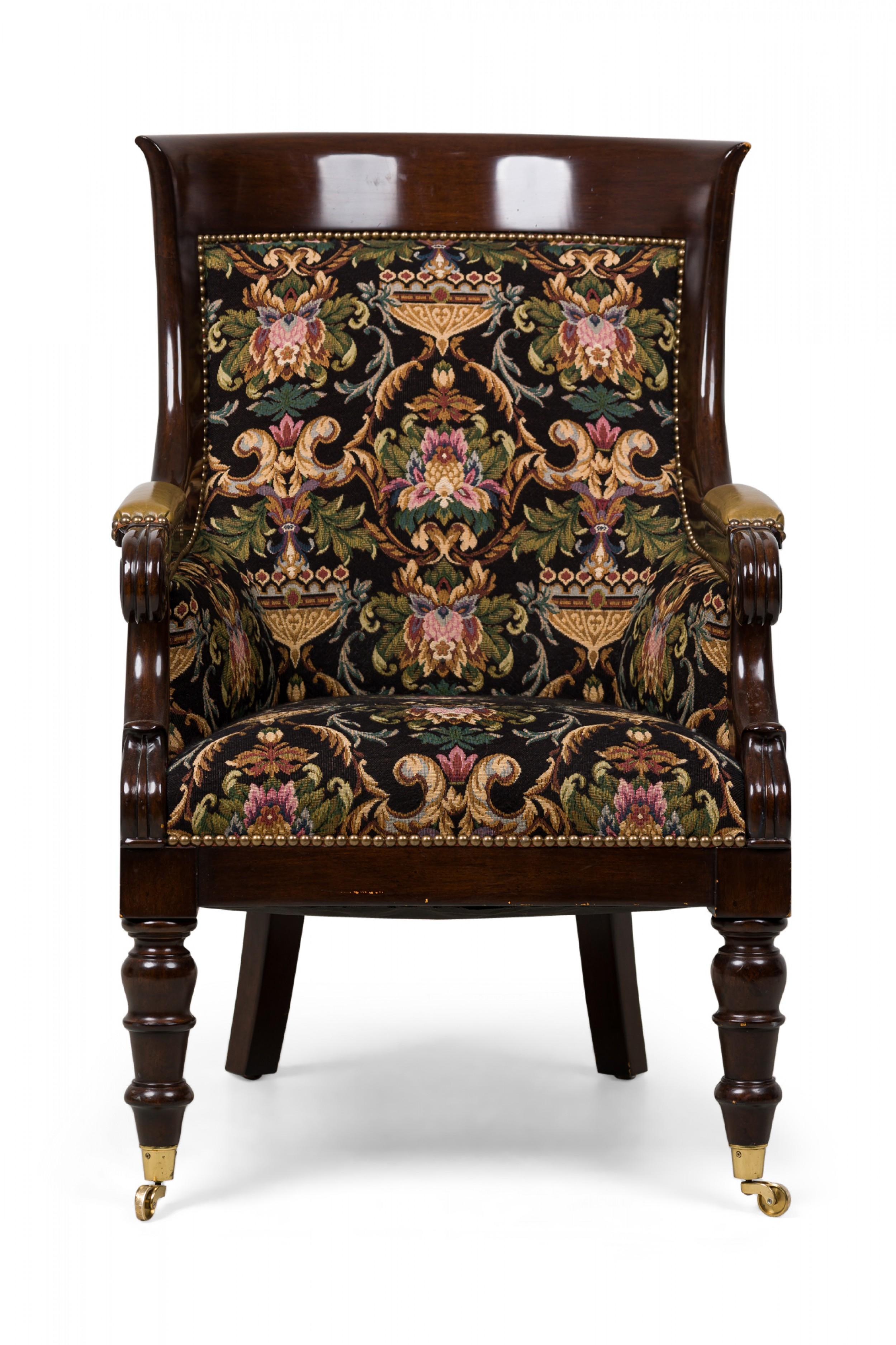 European Pair of English Regency Style Upholstered Bergeres in Tapestry Fabric For Sale