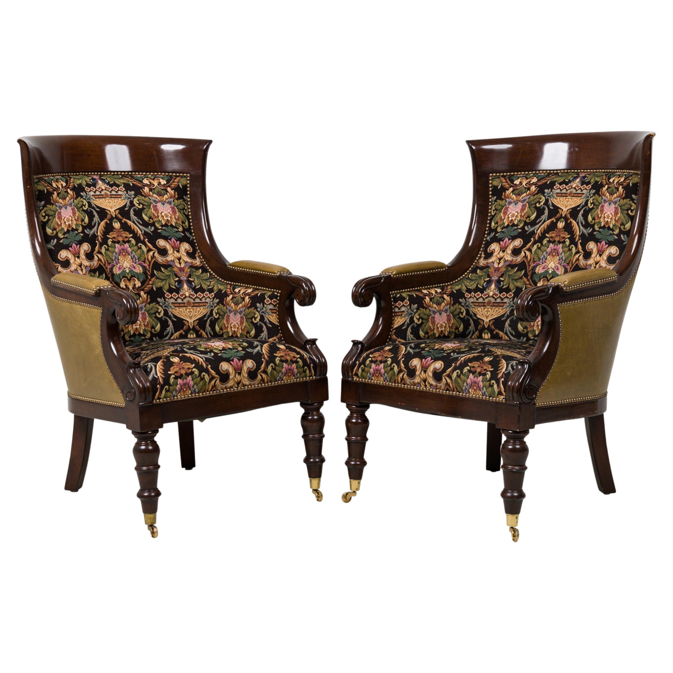 Pair of English Regency Style Upholstered Bergeres in Tapestry Fabric For Sale