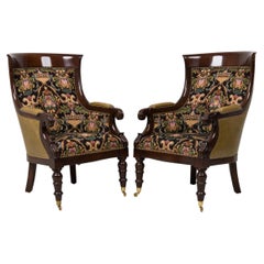 Vintage Pair of English Regency Style Upholstered Bergeres in Tapestry Fabric