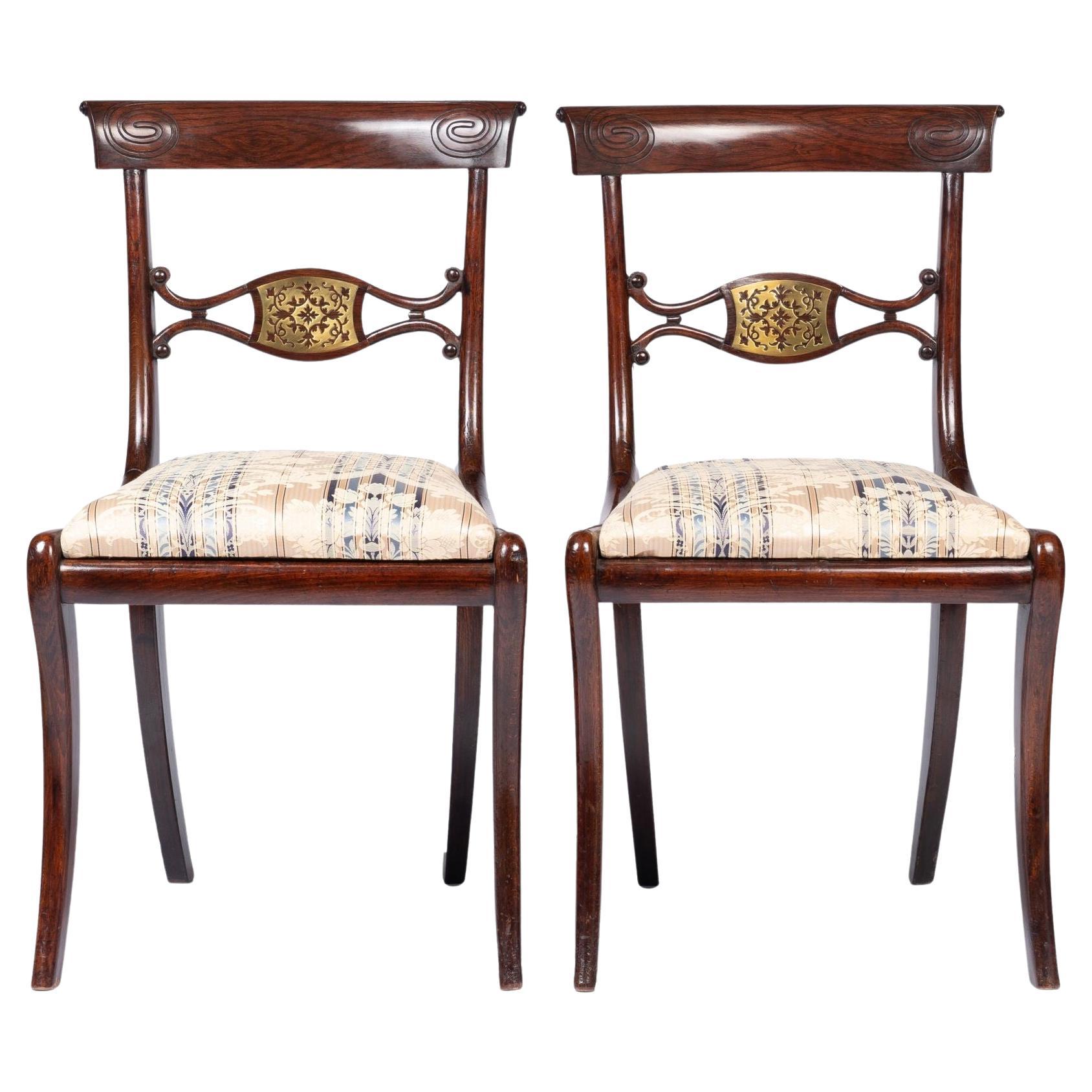 Pair of English Regency Upholstered Slip Seat Side Chairs, 1815 For Sale