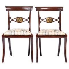 Antique Pair of English Regency Upholstered Slip Seat Side Chairs, 1815