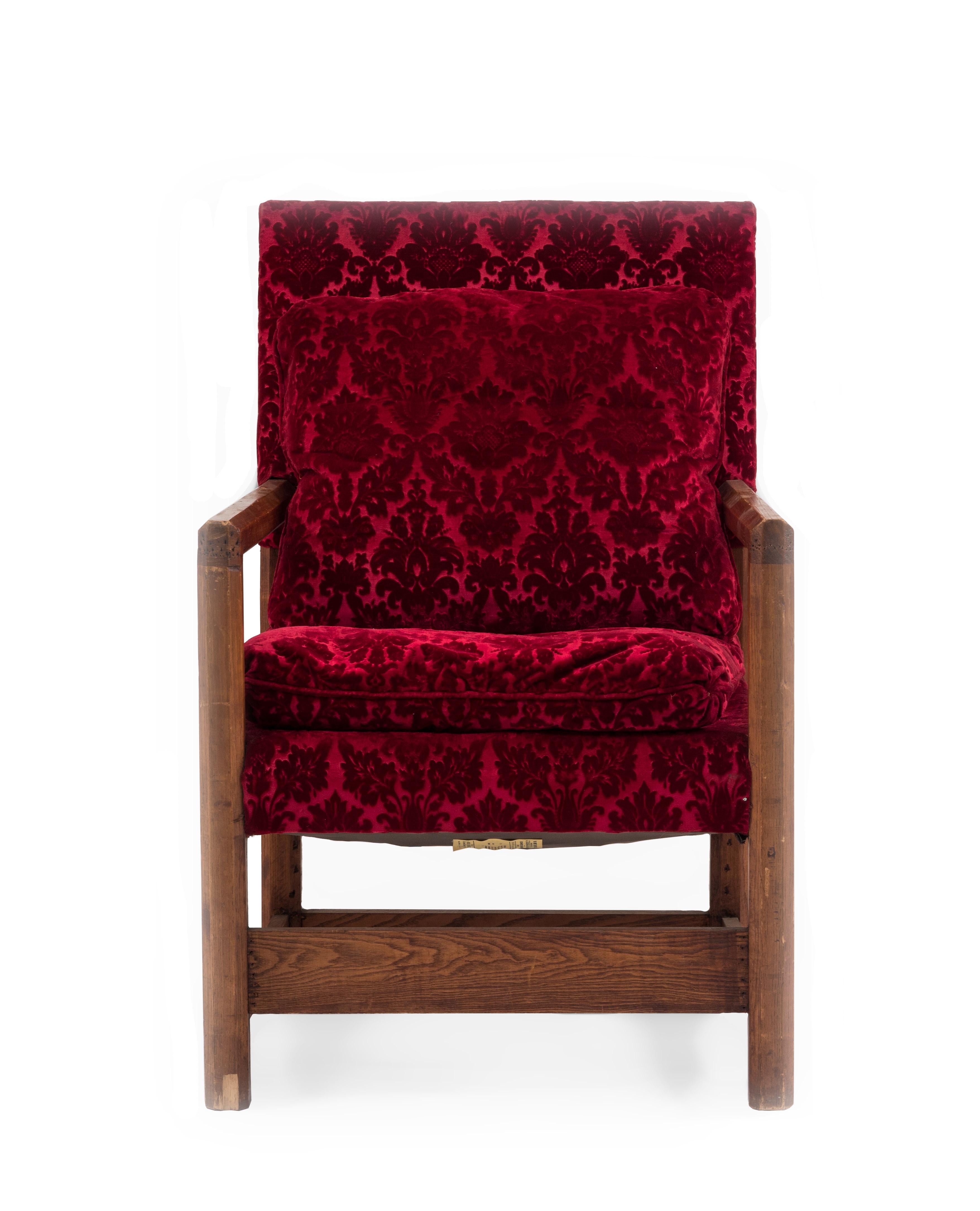 Pair of English Renaissance-style oak Armchairs with square backs and seats seat with red velvet upholstery and oak legs joined by box stretchers. (PRICED AS Pair)
