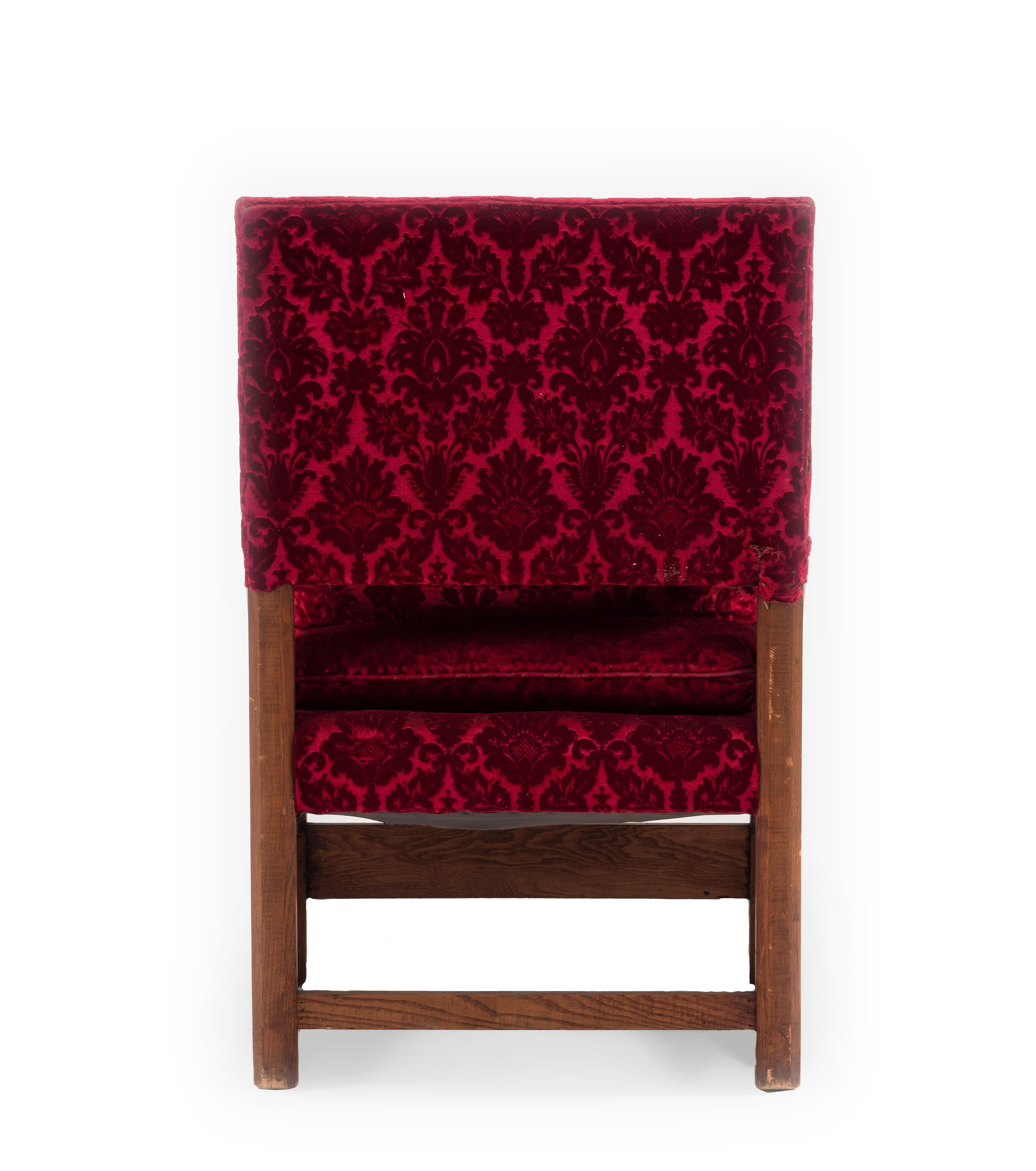 Pair of English Renaissance Oak and Red Velvet Armchairs For Sale 2
