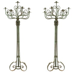 Pair of English Renaissance Patinated Wrought Iron Floor Torchieres
