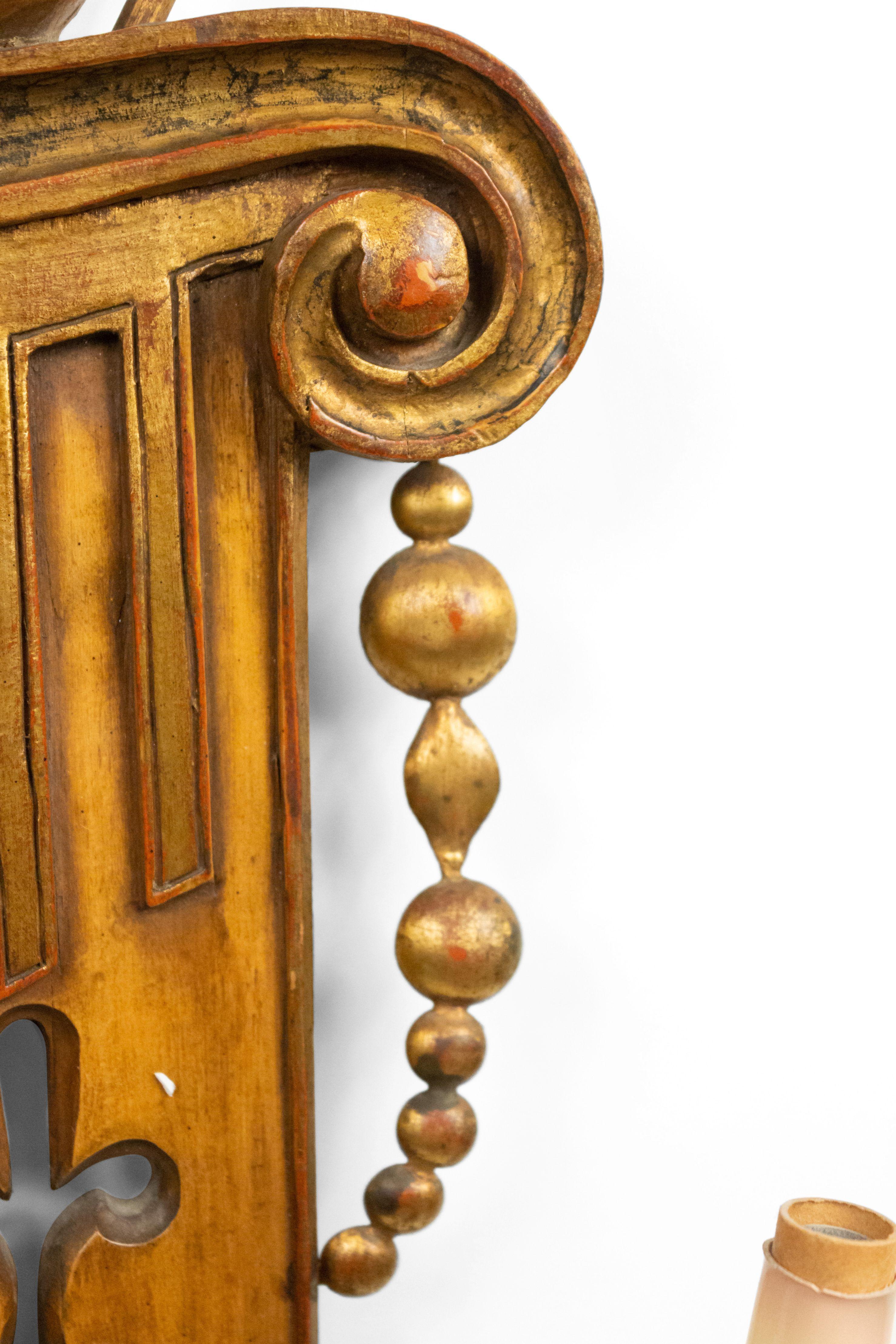 19th Century Pair of English Renaissance Style Gilt Metal and Fruitwood Wall Sconces For Sale