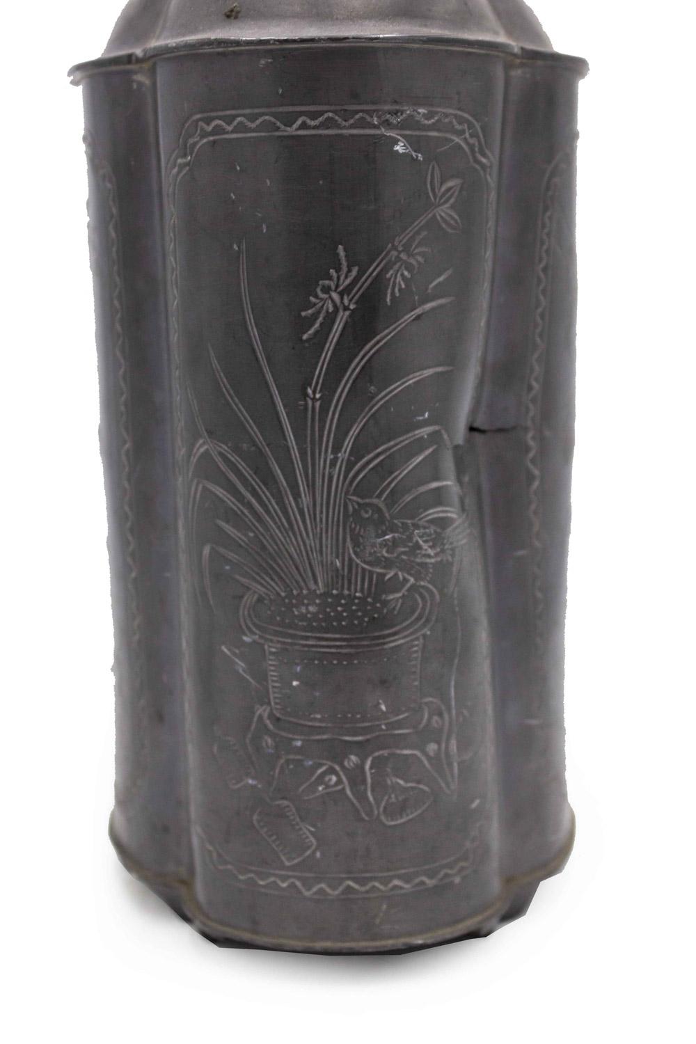 PAIR of English Renaissance style pewter etched floral design tea caddy vases (20th Cent) (PRICED AS PAIR)