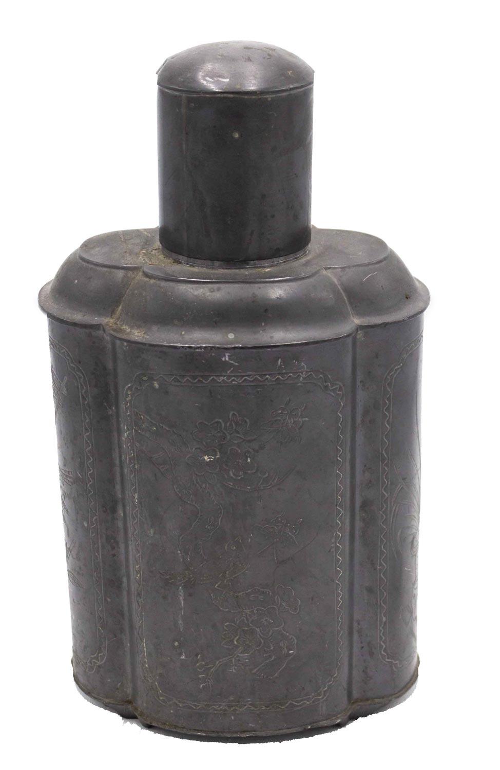 Etched Pair of English Renaissance Style Pewter Tea Vases For Sale