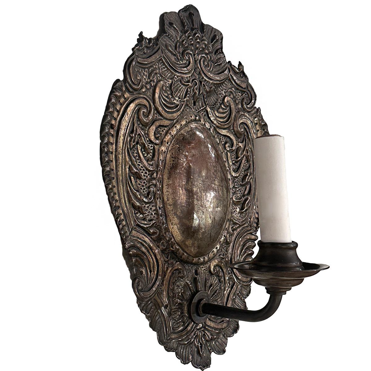 Repoussé Pair of English Repousse Sconces For Sale