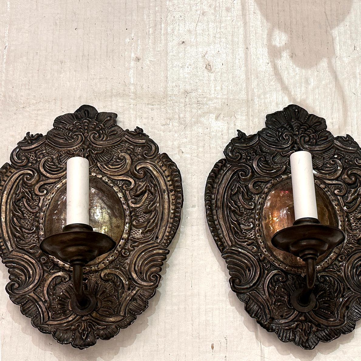 Pair of English Repousse Sconces For Sale 3