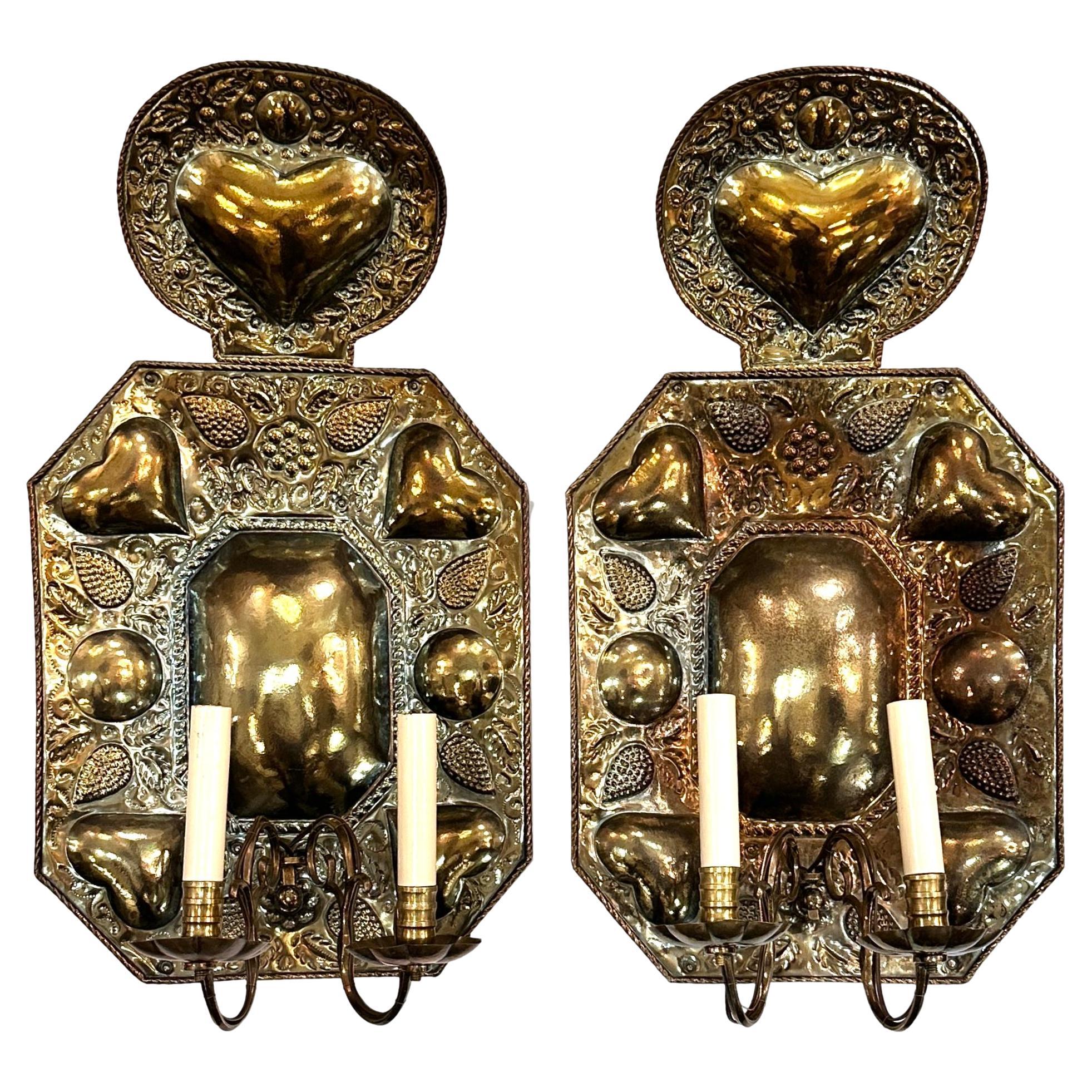 Pair of English Repoussé Sconces For Sale