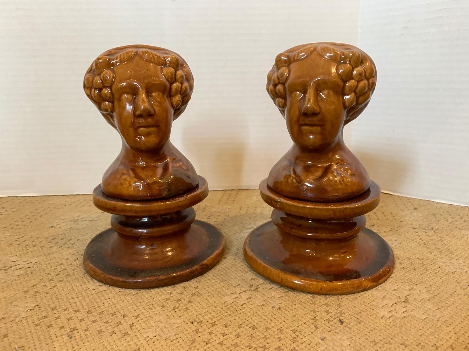 Pair of English Rockingham Glazed Stoneware Figural Woman Window Rests In Good Condition For Sale In Atlanta, GA