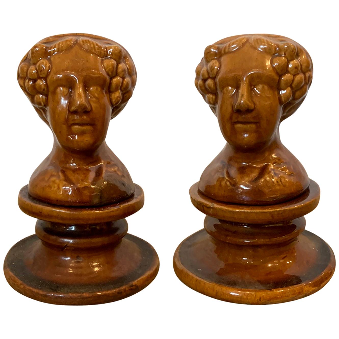 Pair of English Rockingham Glazed Stoneware Figural Woman Window Rests For Sale