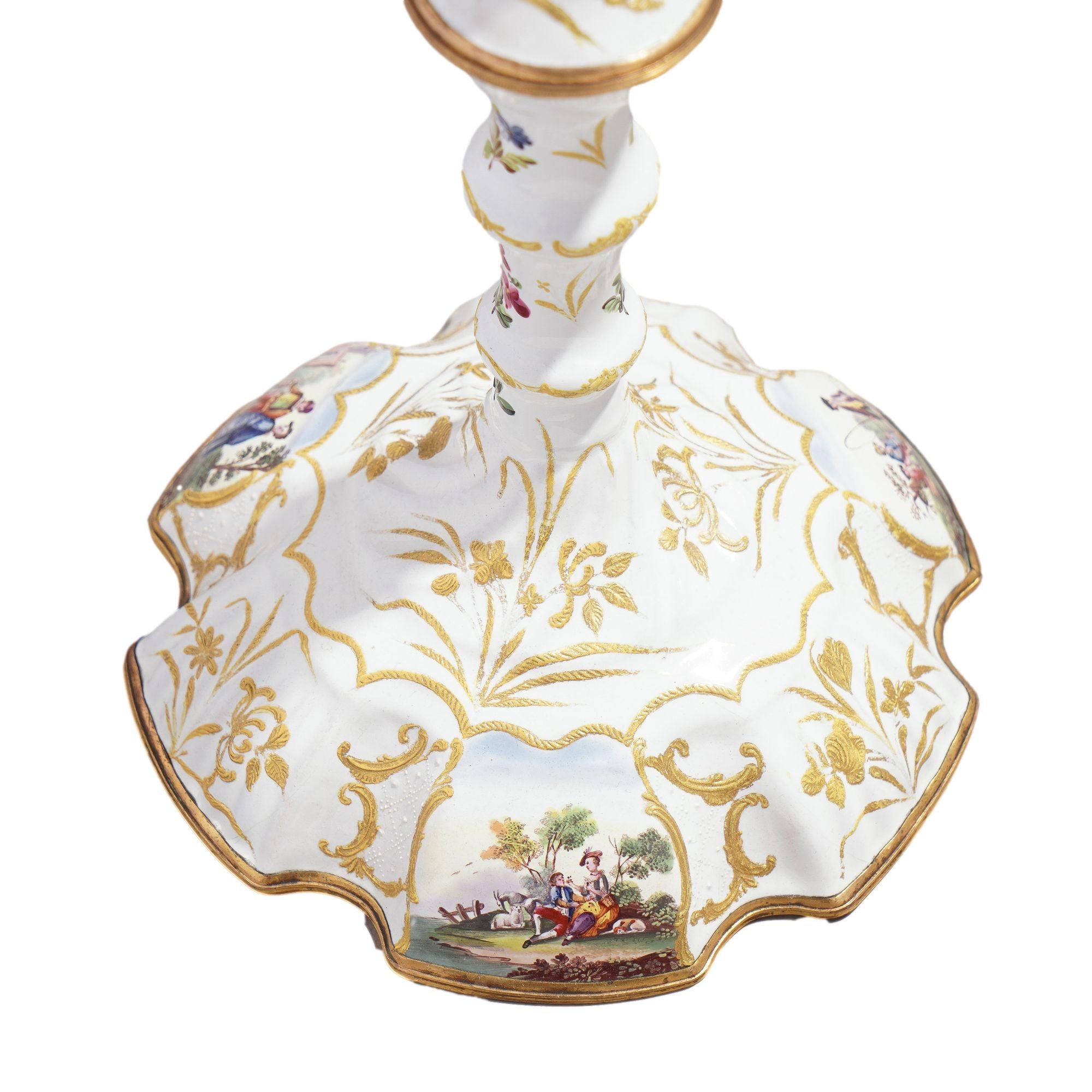 Pair of English Rococo Battersea candlesticks, c. 1760-65 For Sale 4