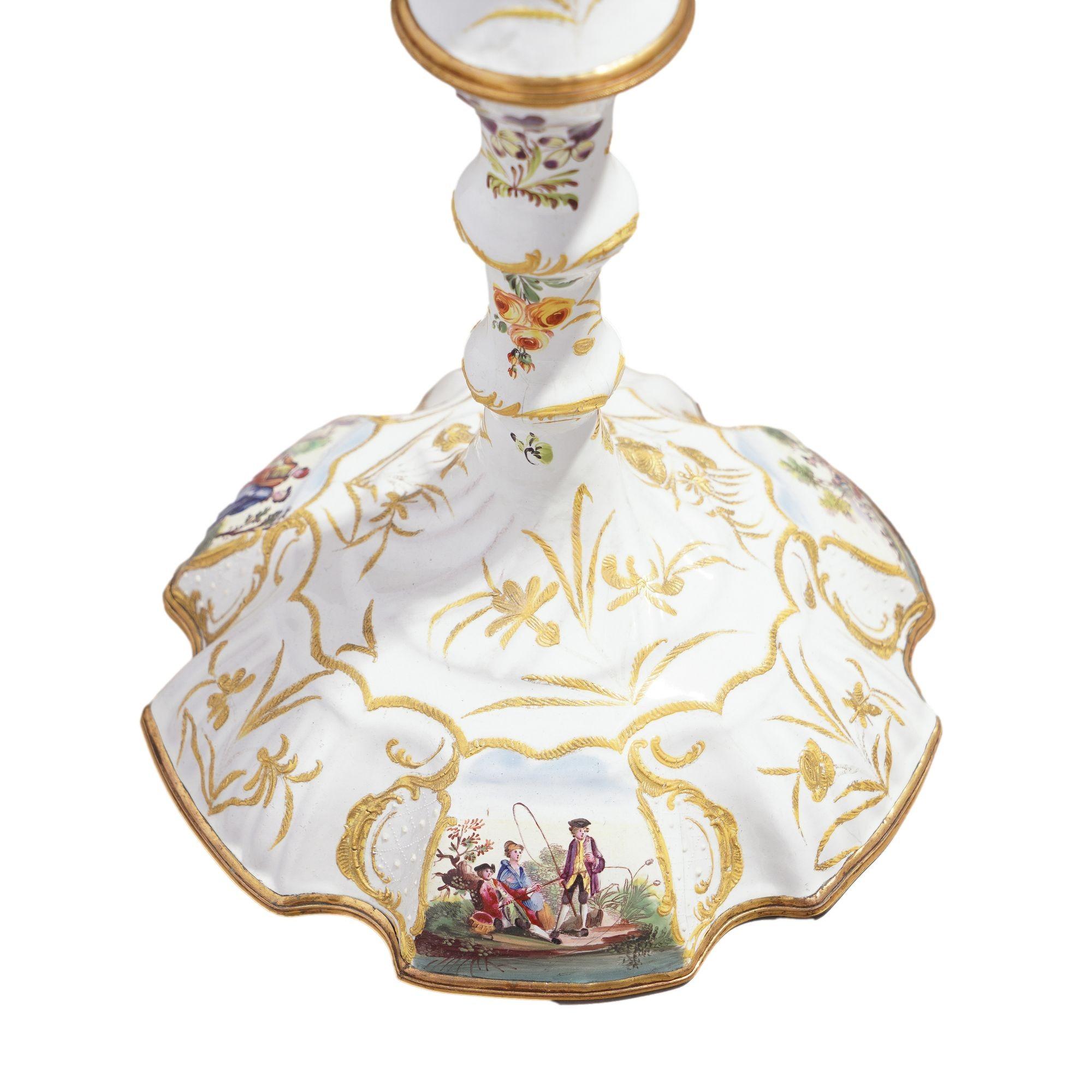 Pair of English Rococo Battersea candlesticks, c. 1760-65 For Sale 8